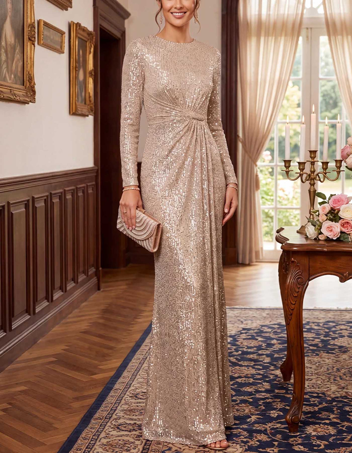 Vestido largo color champán con lentejuelas, manga larga, diseño retorcido y fruncido