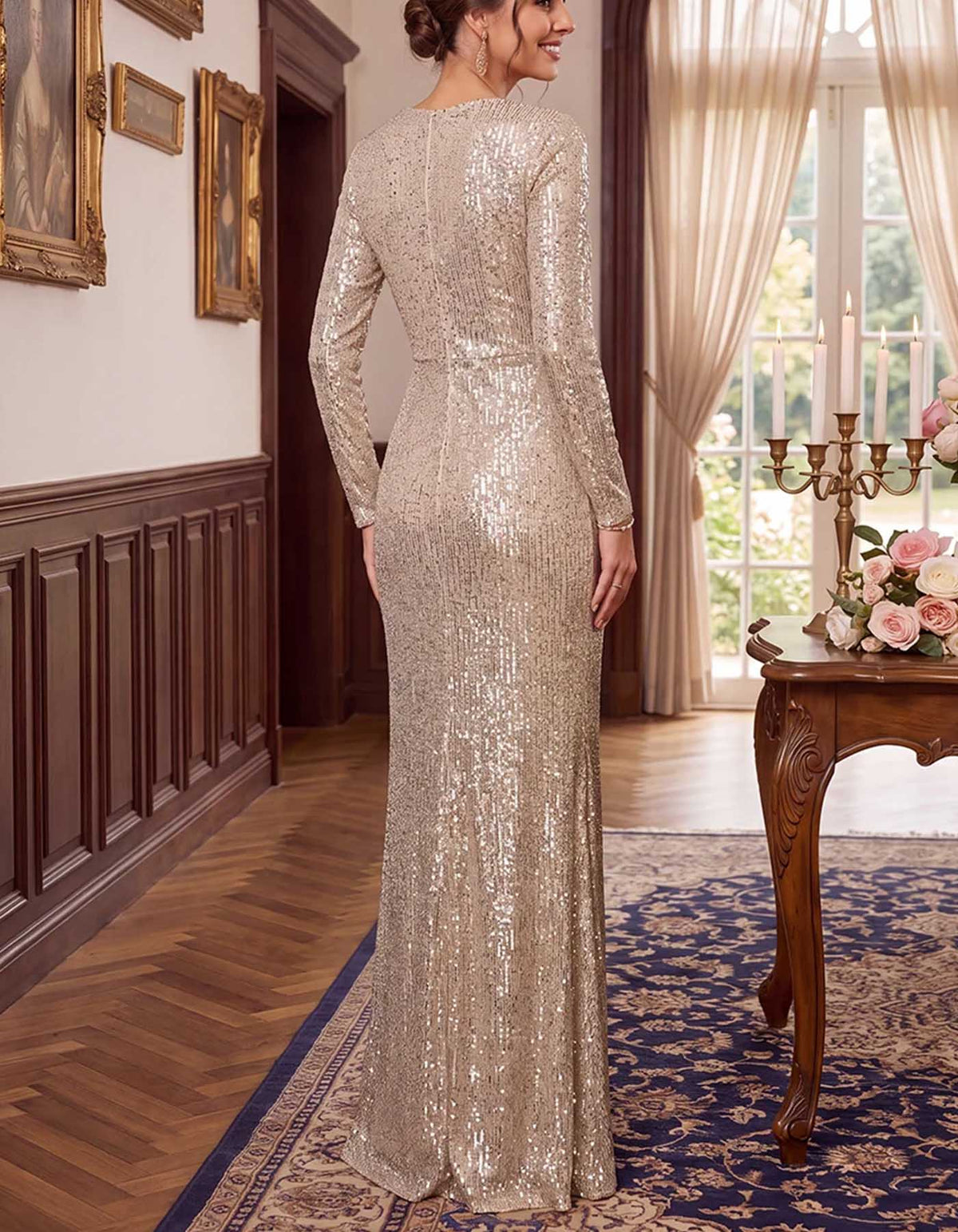 Vestido largo color champán con lentejuelas, manga larga, diseño retorcido y fruncido