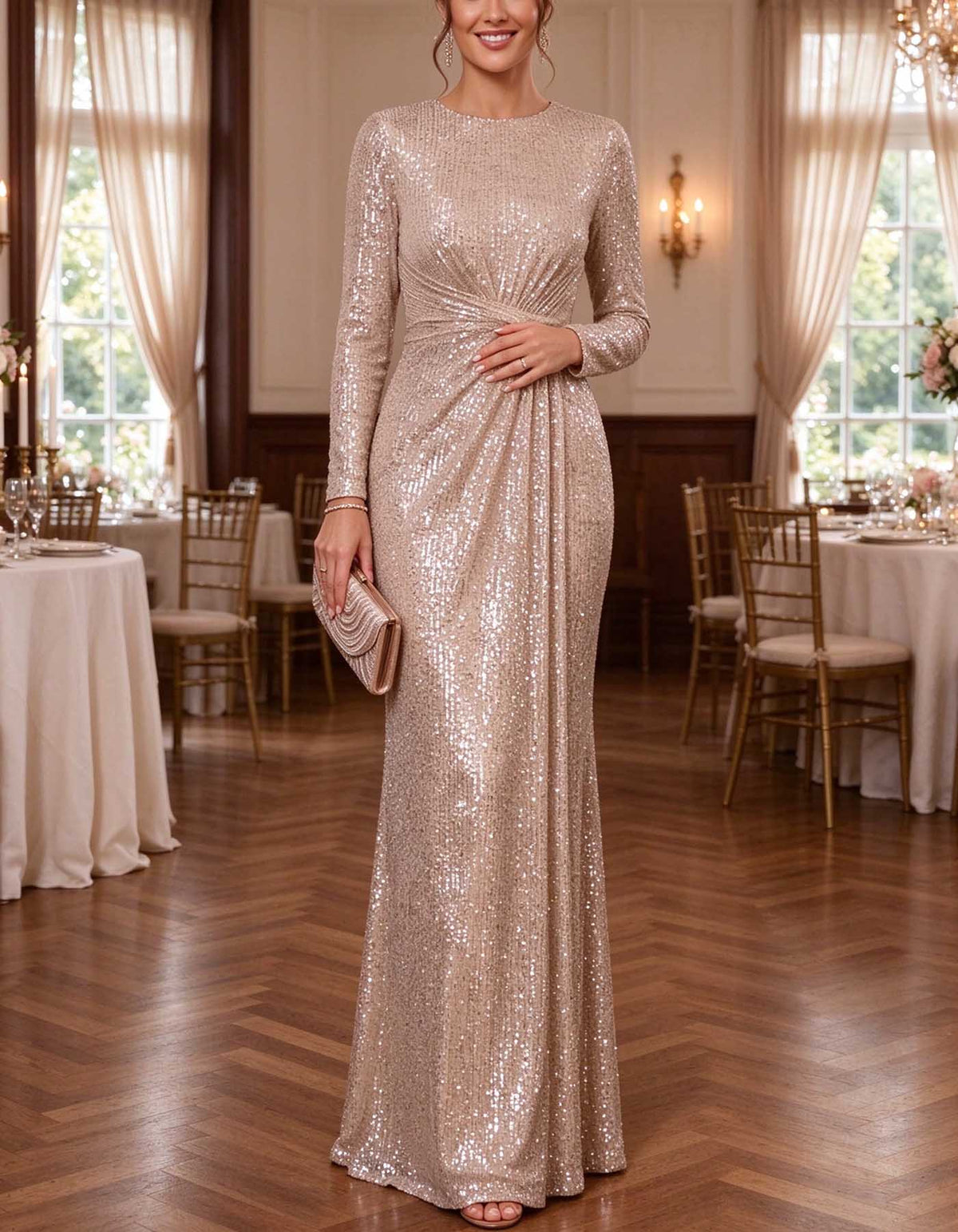 Vestido largo color champán con lentejuelas, manga larga, diseño retorcido y fruncido