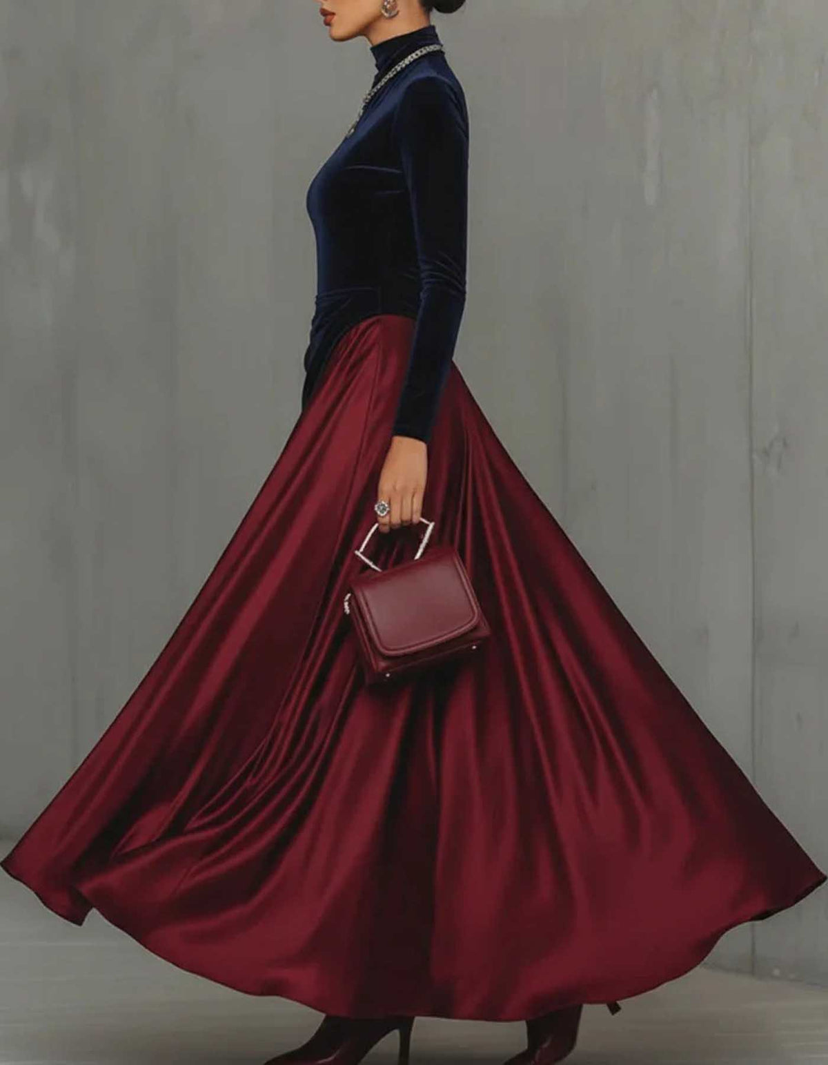 Navy Blue Velvet High Neck Asymmetrical Patchwork Maxi Dress