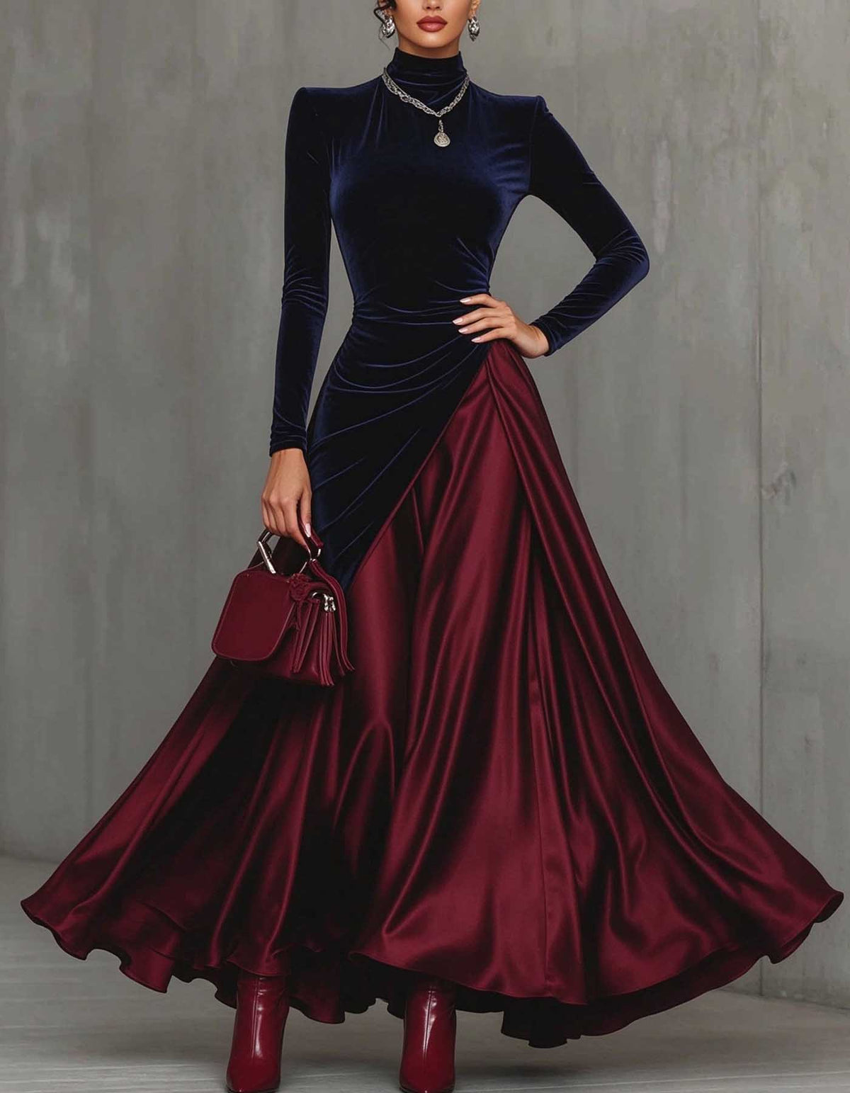 Navy Blue Velvet High Neck Asymmetrical Patchwork Maxi Dress