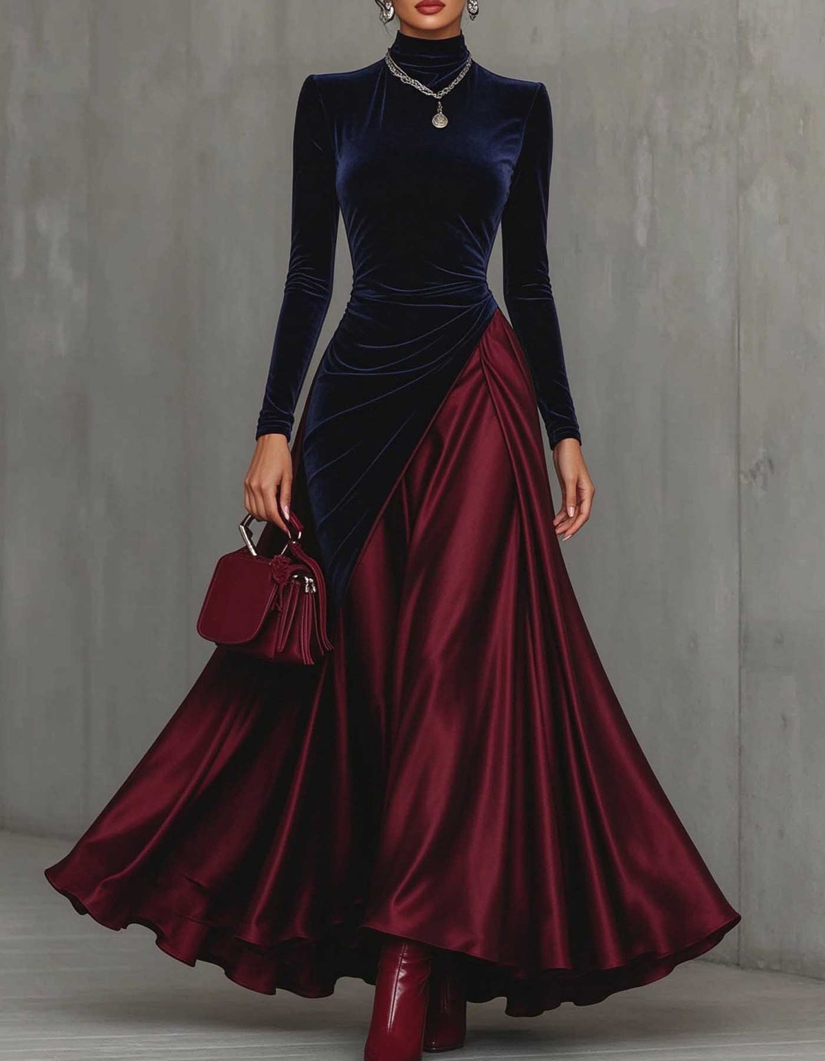Navy Blue Velvet High Neck Asymmetrical Patchwork Maxi Dress