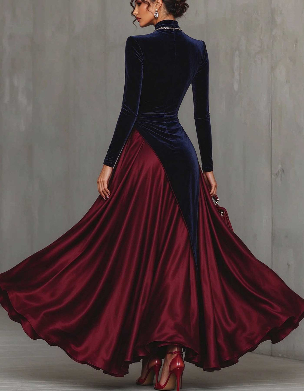 Navy Blue Velvet High Neck Asymmetrical Patchwork Maxi Dress