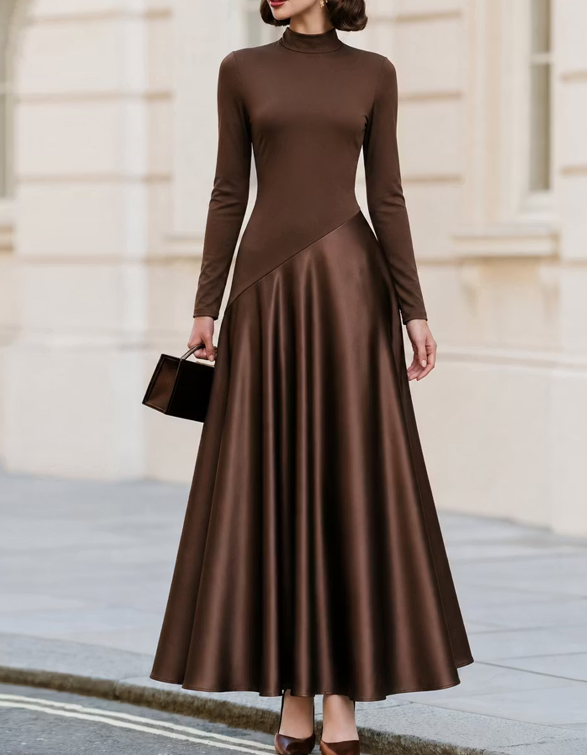 Vestido largo de satén con cuello alto y mangas largas