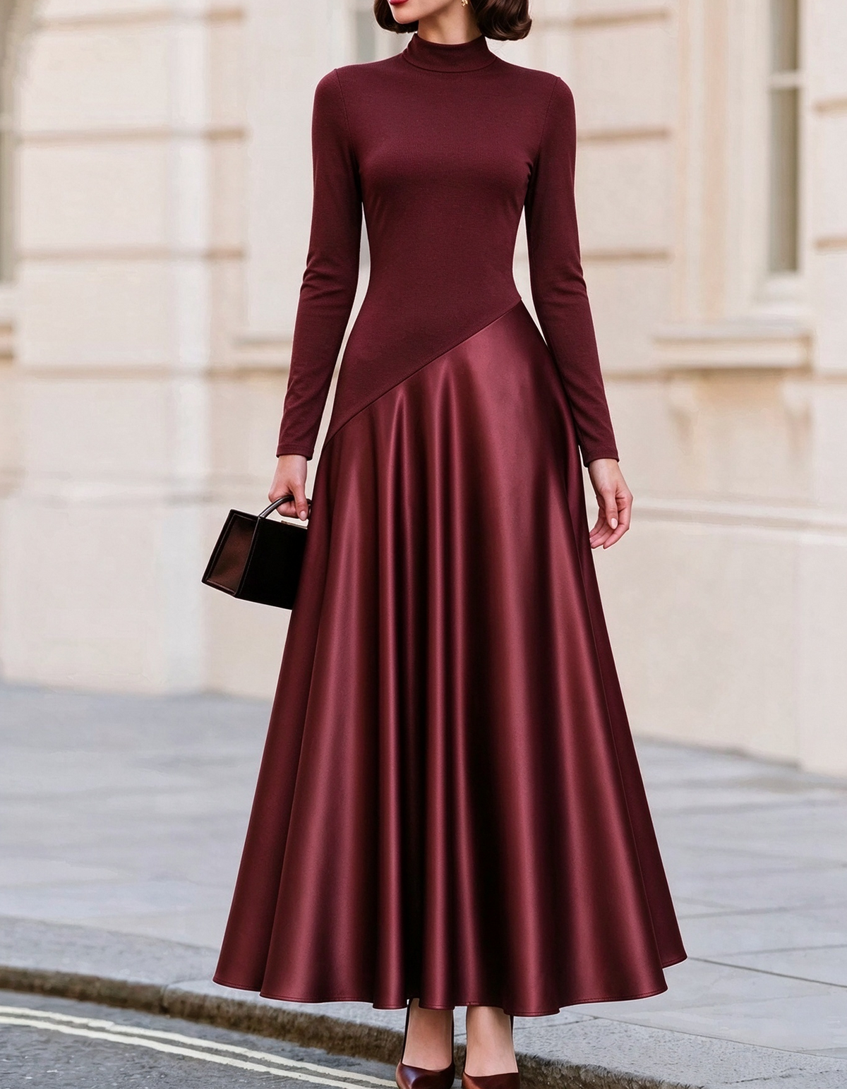 Vestido largo de satén con cuello alto y mangas largas