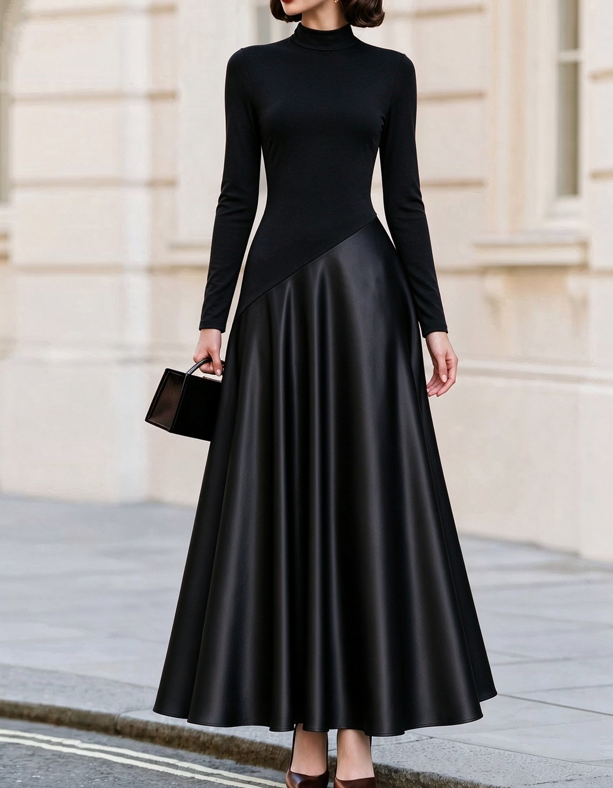 Vestido largo de satén con cuello alto y mangas largas