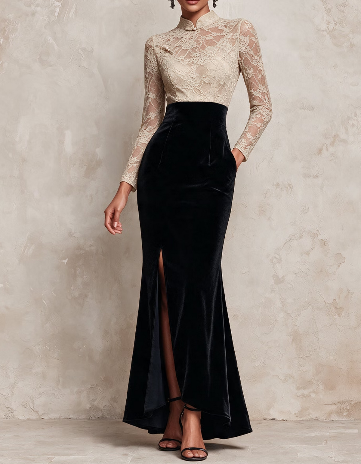 Vestido largo de terciopelo con cuello mao, encaje, paneles combinados, corte sirena y abertura