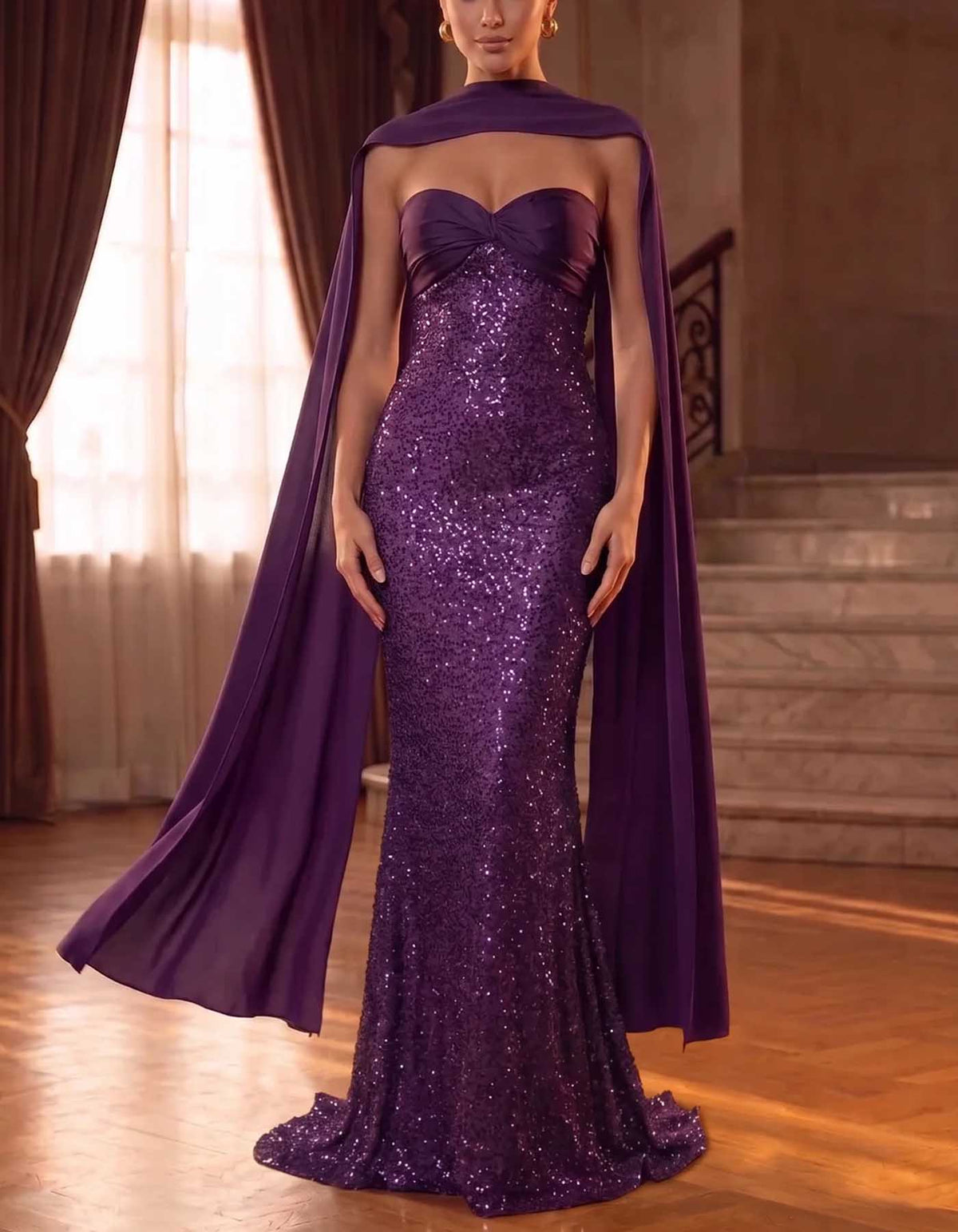 Rochie maxi mov, fără bretele, cu decolteu în formă de inimă, paiete și croială sirenă