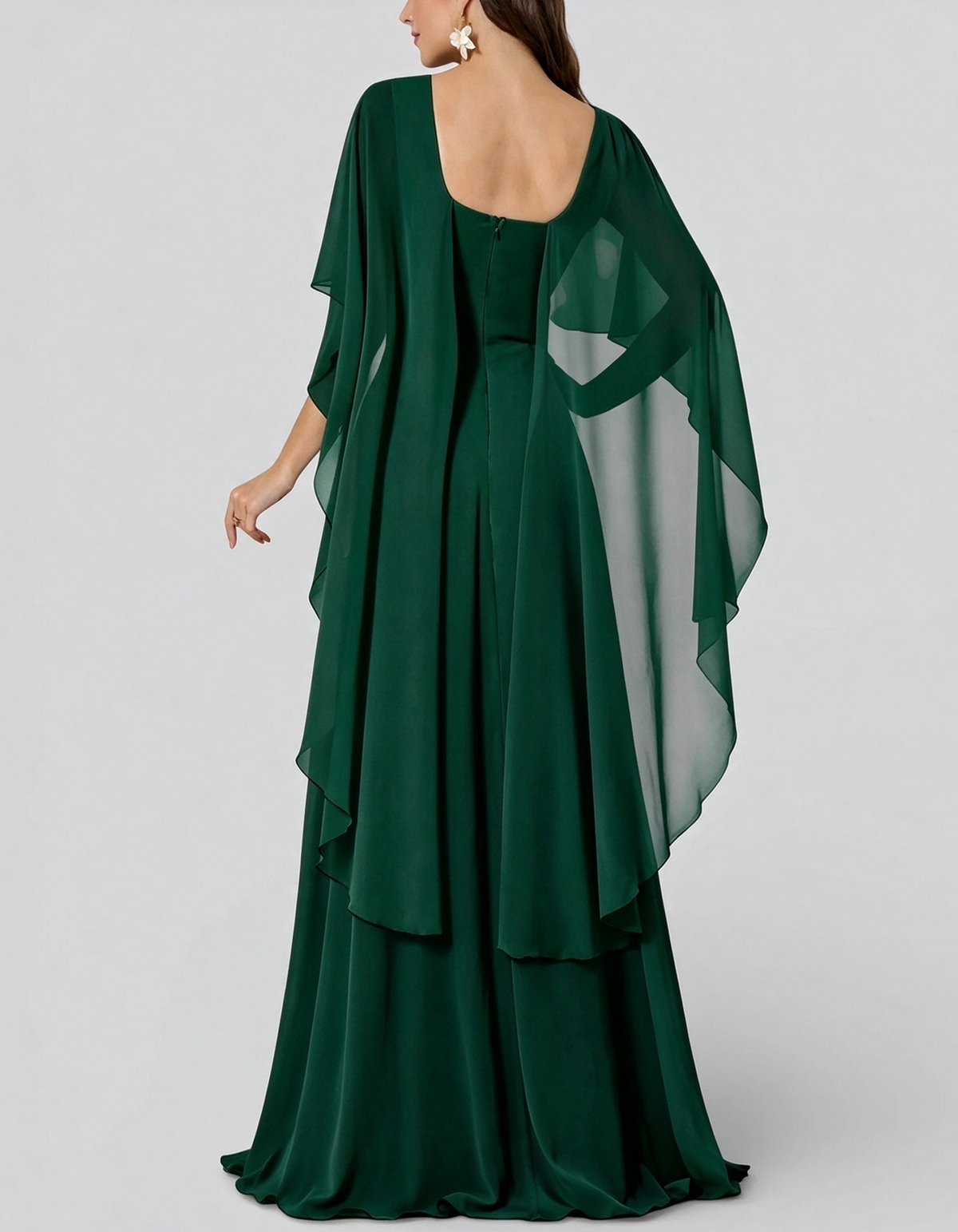Vestido largo de gasa con cuello redondo, mangas tipo capa y cintura con flores 3D