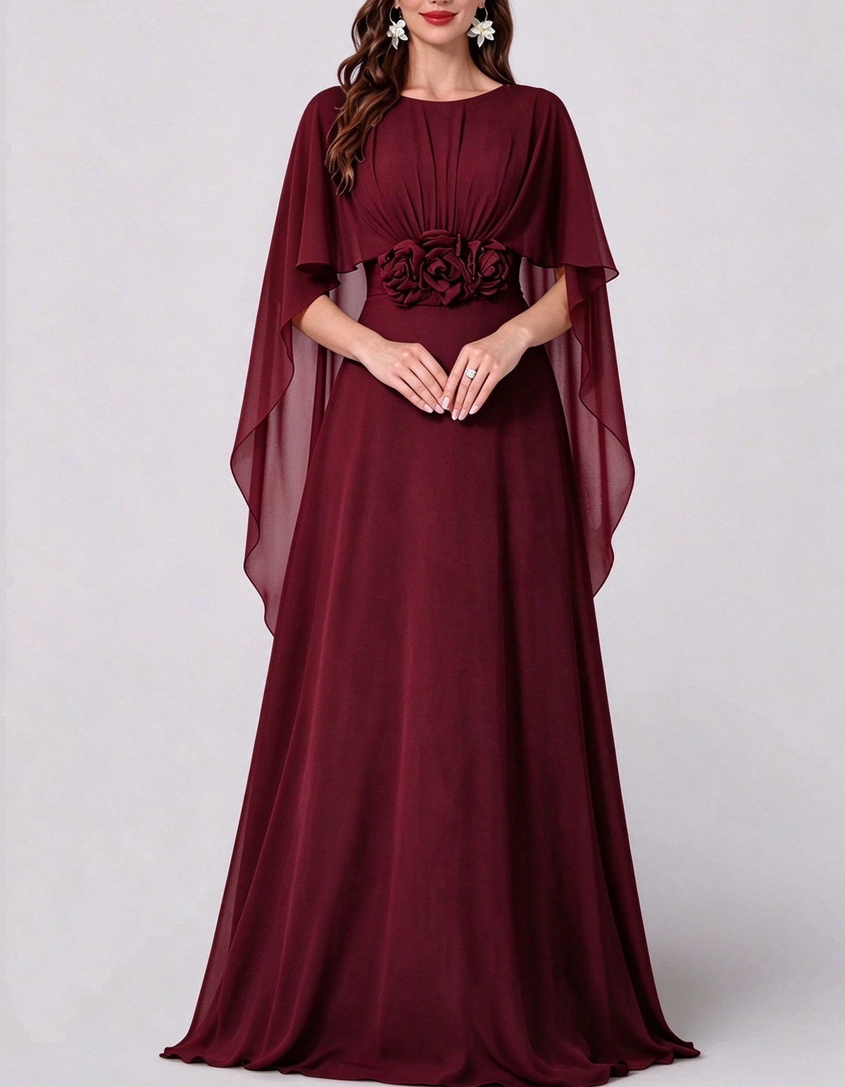 Vestido largo de gasa con cuello redondo, mangas tipo capa y cintura con flores 3D