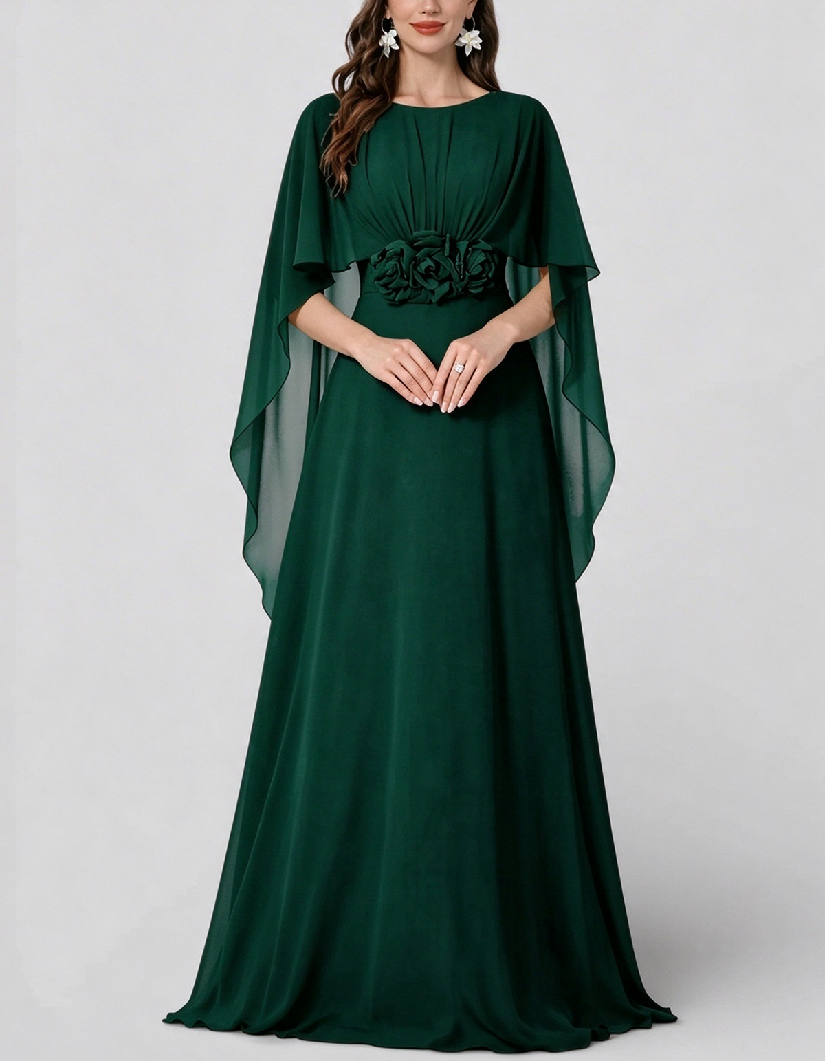 Vestido largo de gasa con cuello redondo, mangas tipo capa y cintura con flores 3D