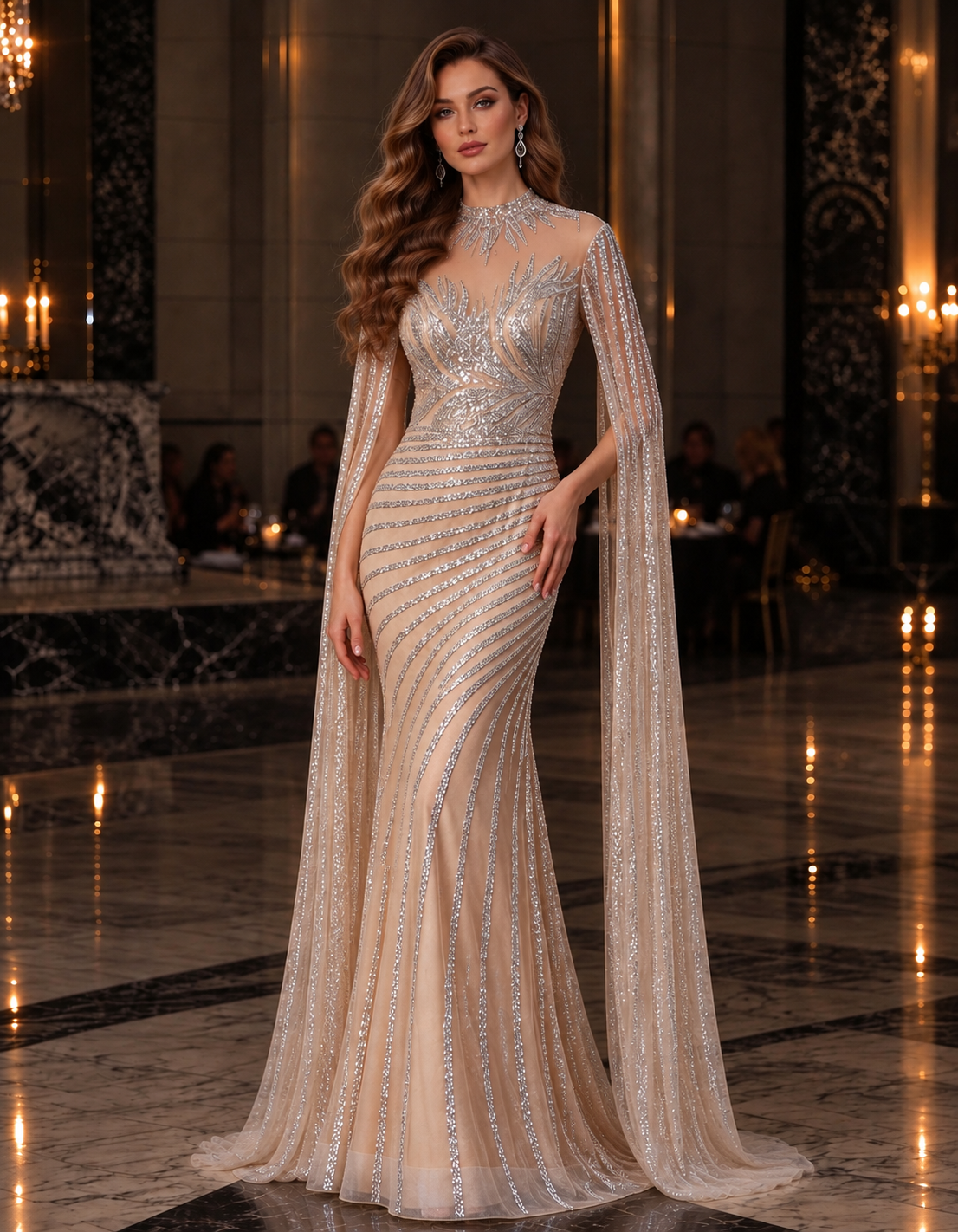 Vestido de noche color nude de malla transparente