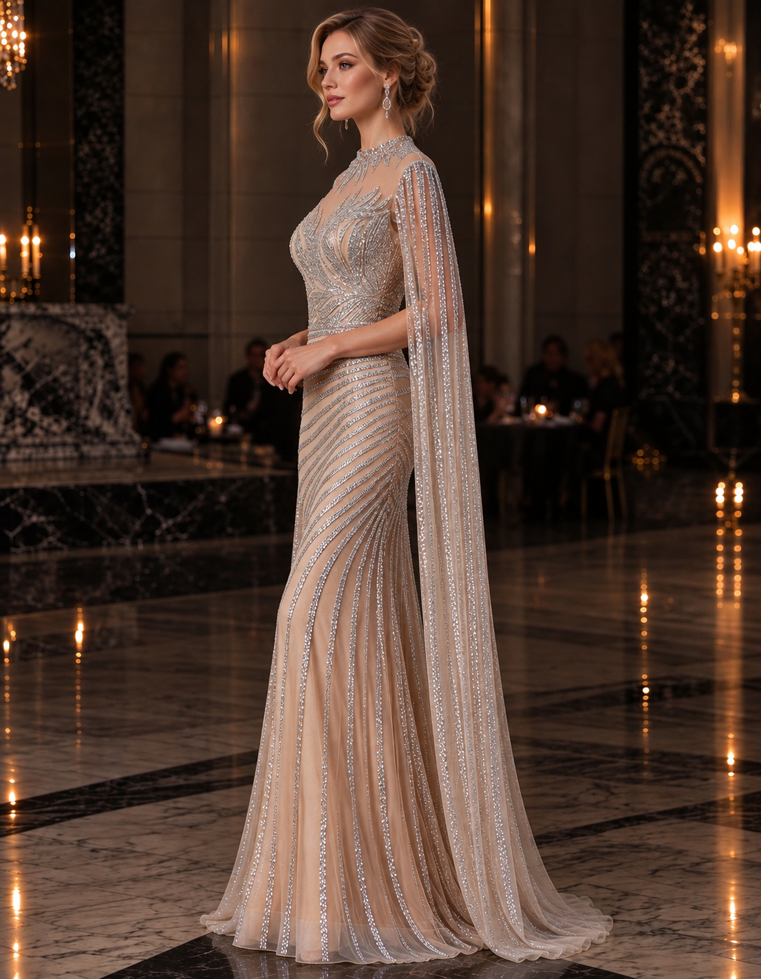 Abendkleid aus nudefarbenem transparentem Mesh