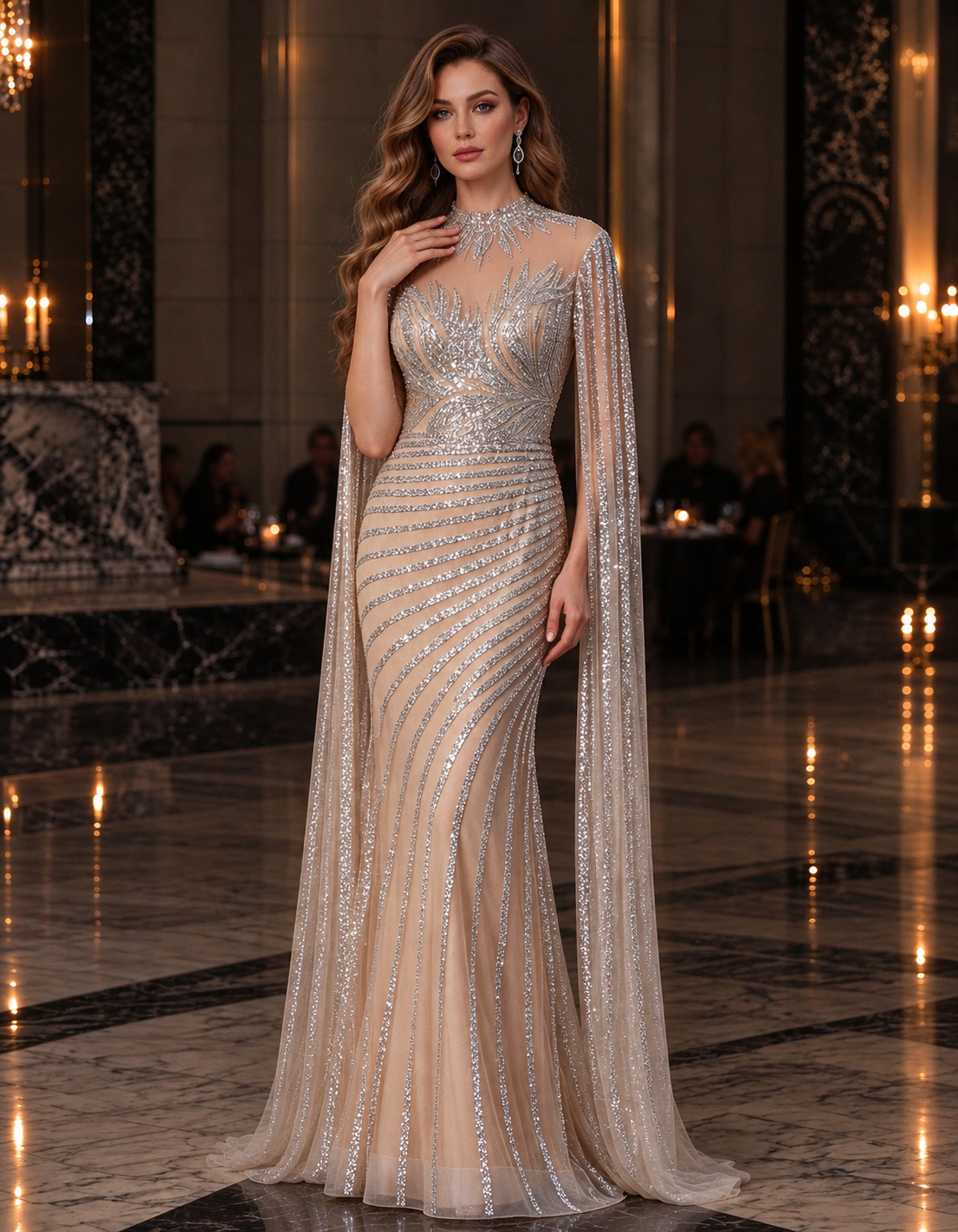 Abendkleid aus nudefarbenem transparentem Mesh