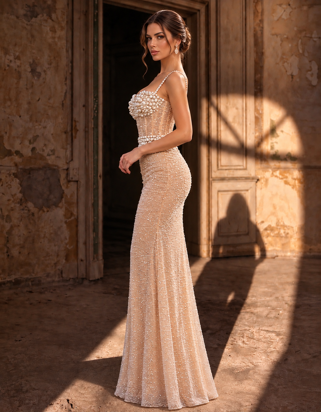 Abendkleid aus nudefarbenem Mesh mit Perlen und Camisole-Oberteil