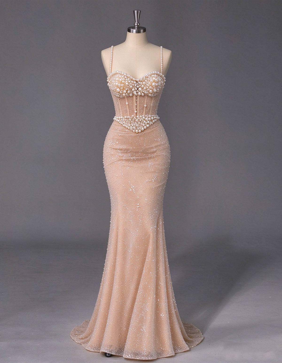 Abendkleid aus nudefarbenem Mesh mit Perlen und Camisole-Oberteil