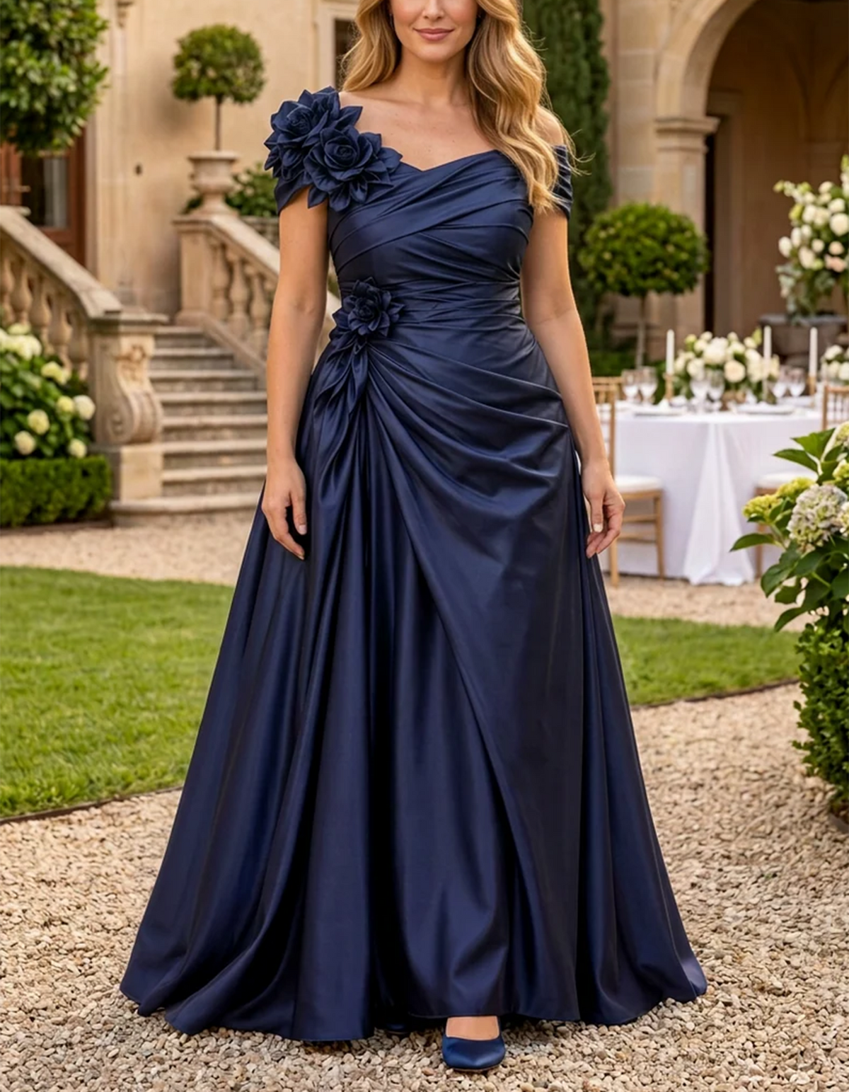 Vestido maxi de cetim azul-marinho, de linha A, com um ombro à mostra e flores 3D