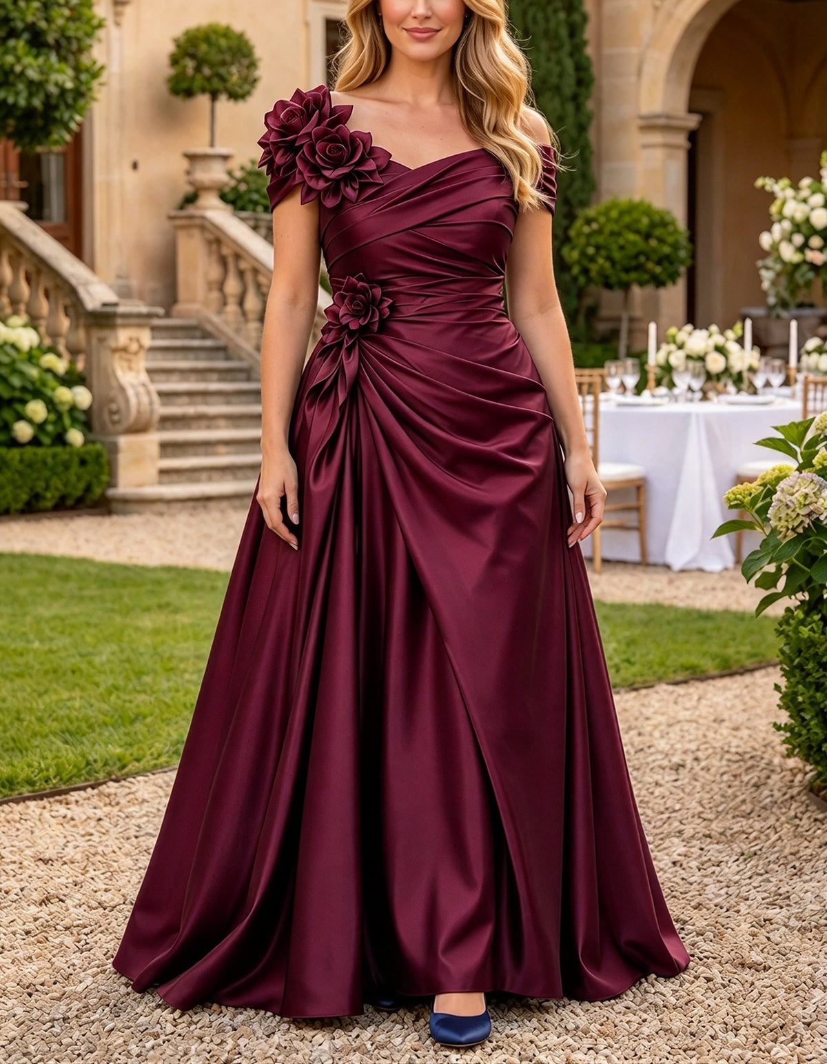 Vestido maxi de cetim azul-marinho, de linha A, com um ombro à mostra e flores 3D