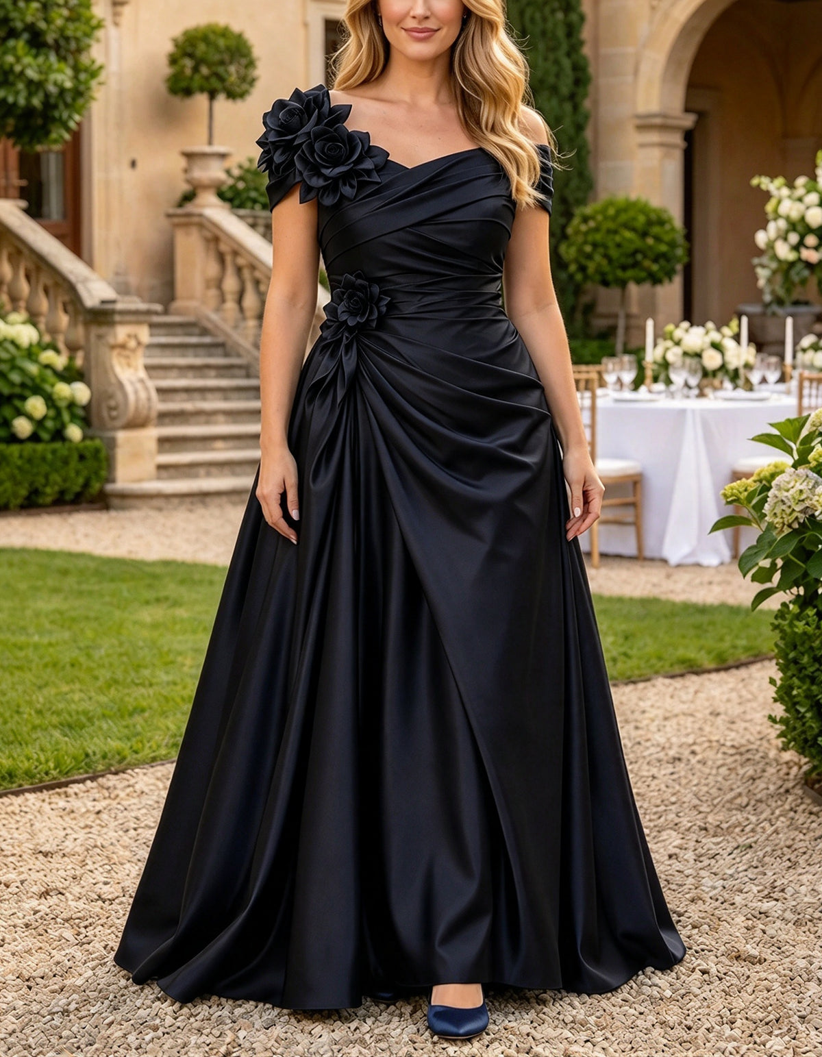 Vestido maxi de cetim azul-marinho, de linha A, com um ombro à mostra e flores 3D