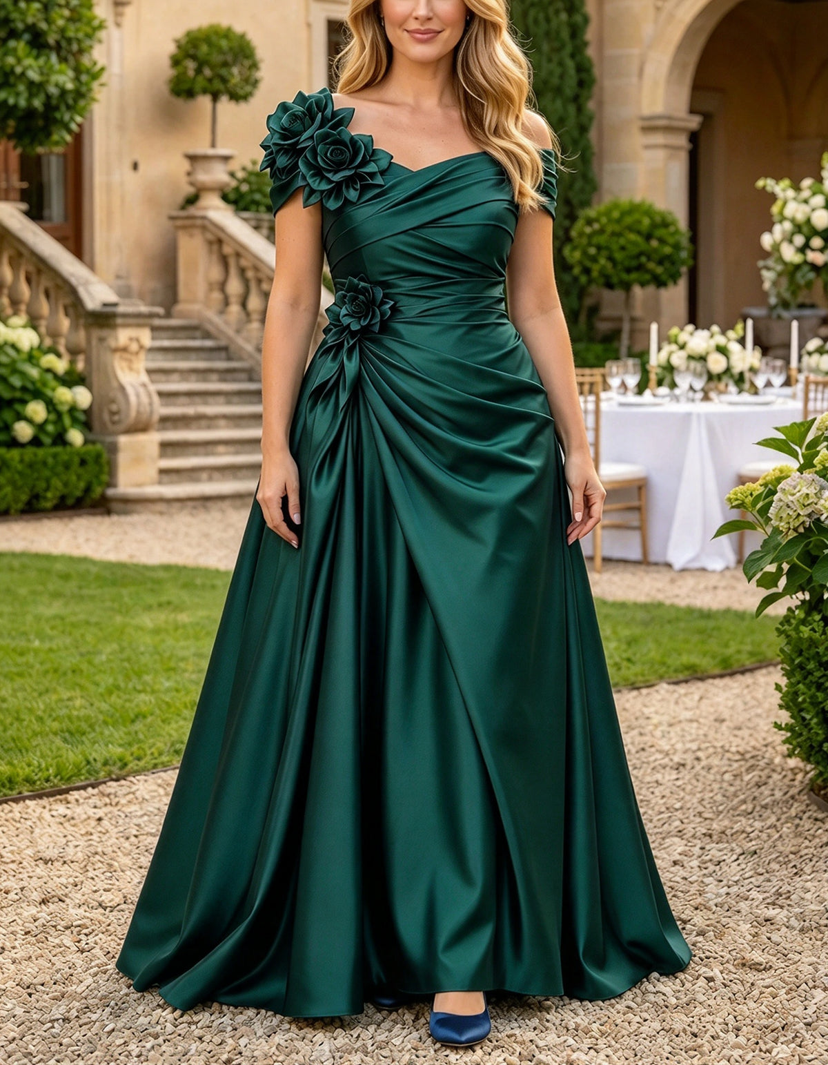 Vestido maxi de cetim azul-marinho, de linha A, com um ombro à mostra e flores 3D