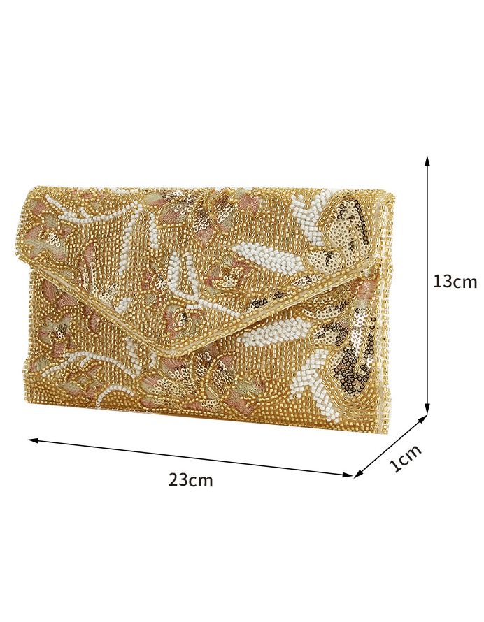Clutch de noite dourada com contas florais