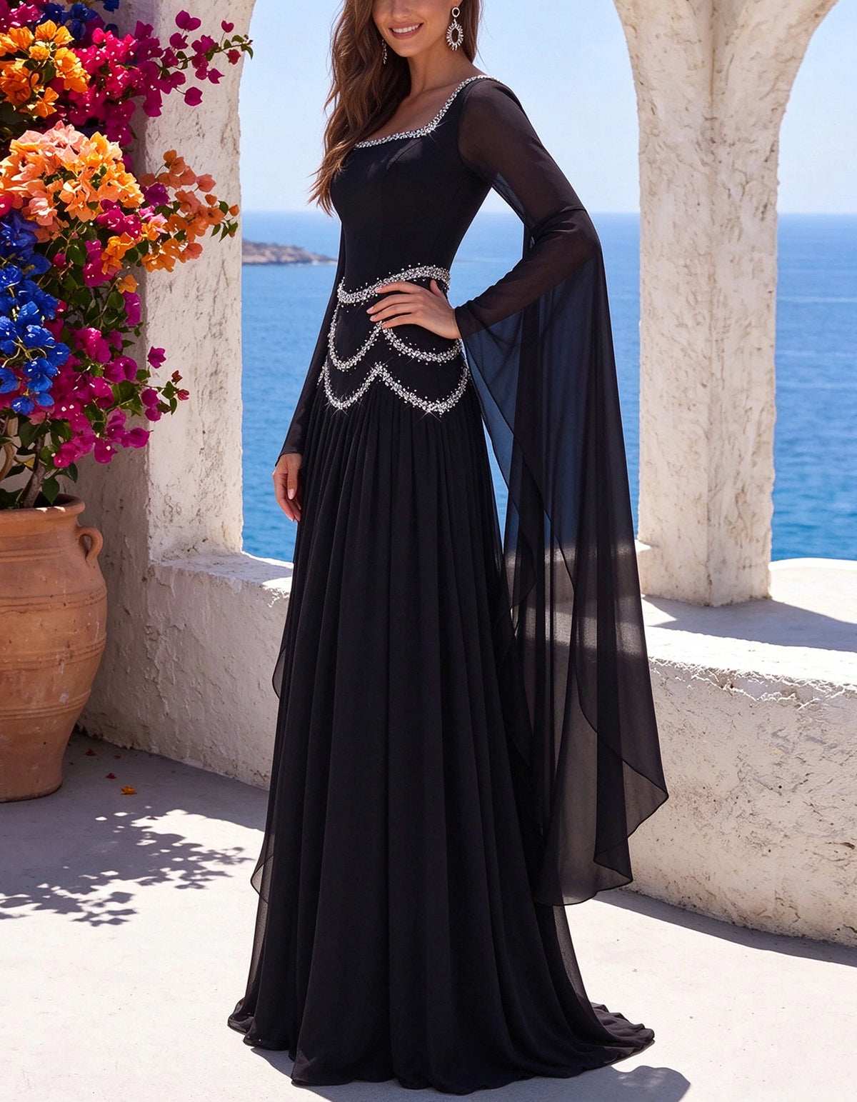 Vestido largo negro de gasa con escote cuadrado