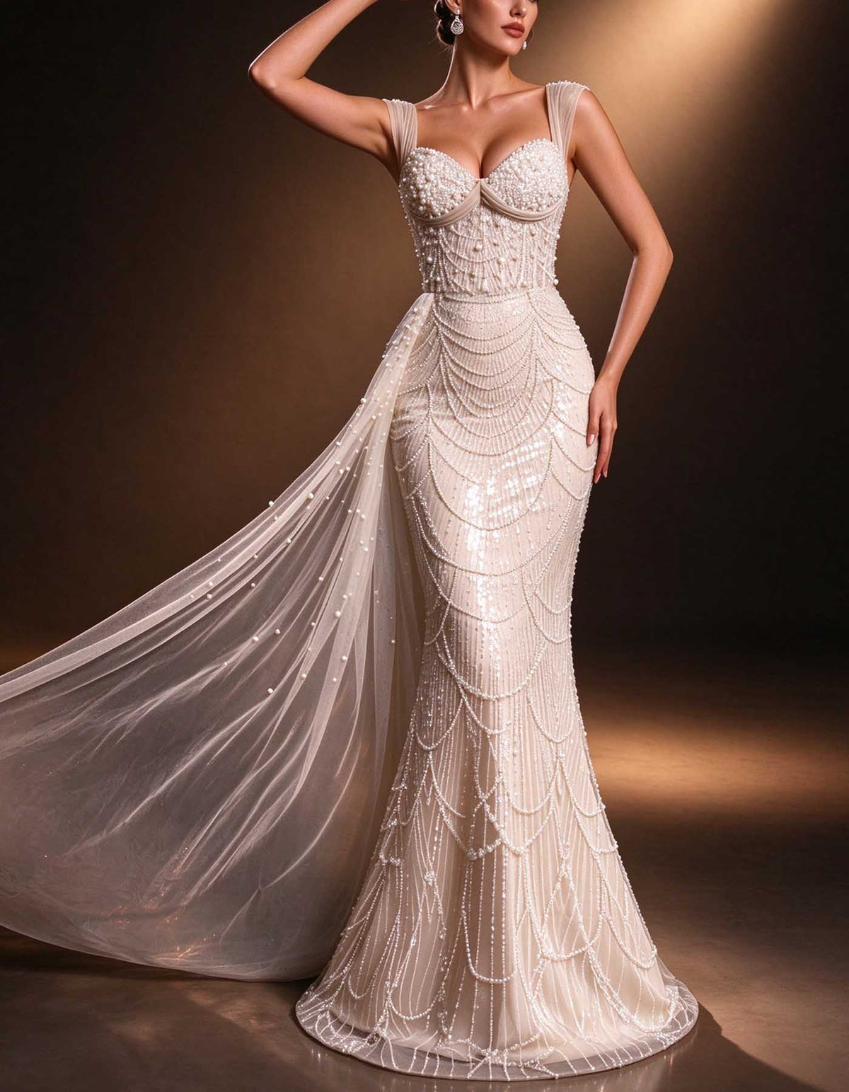 Robe de soirée ivoire, décolleté cœur, bretelles larges et perles épaisses