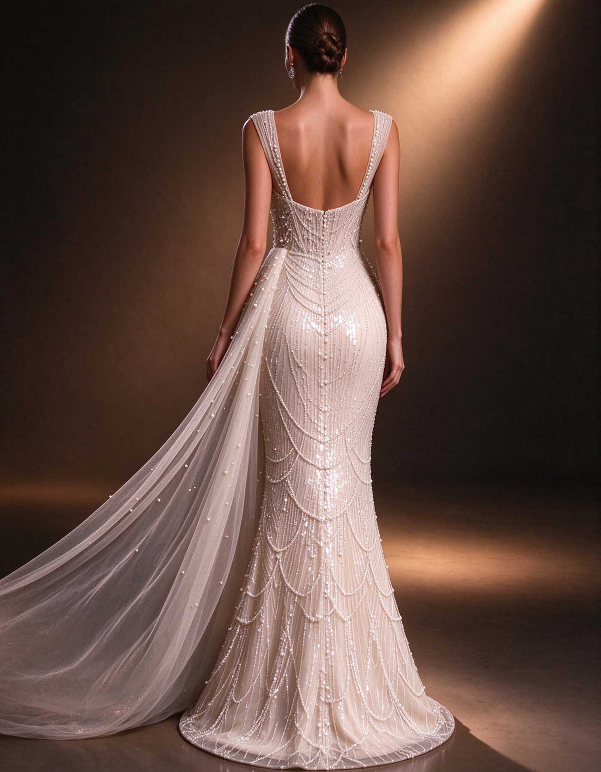 Robe de soirée ivoire, décolleté cœur, bretelles larges et perles épaisses