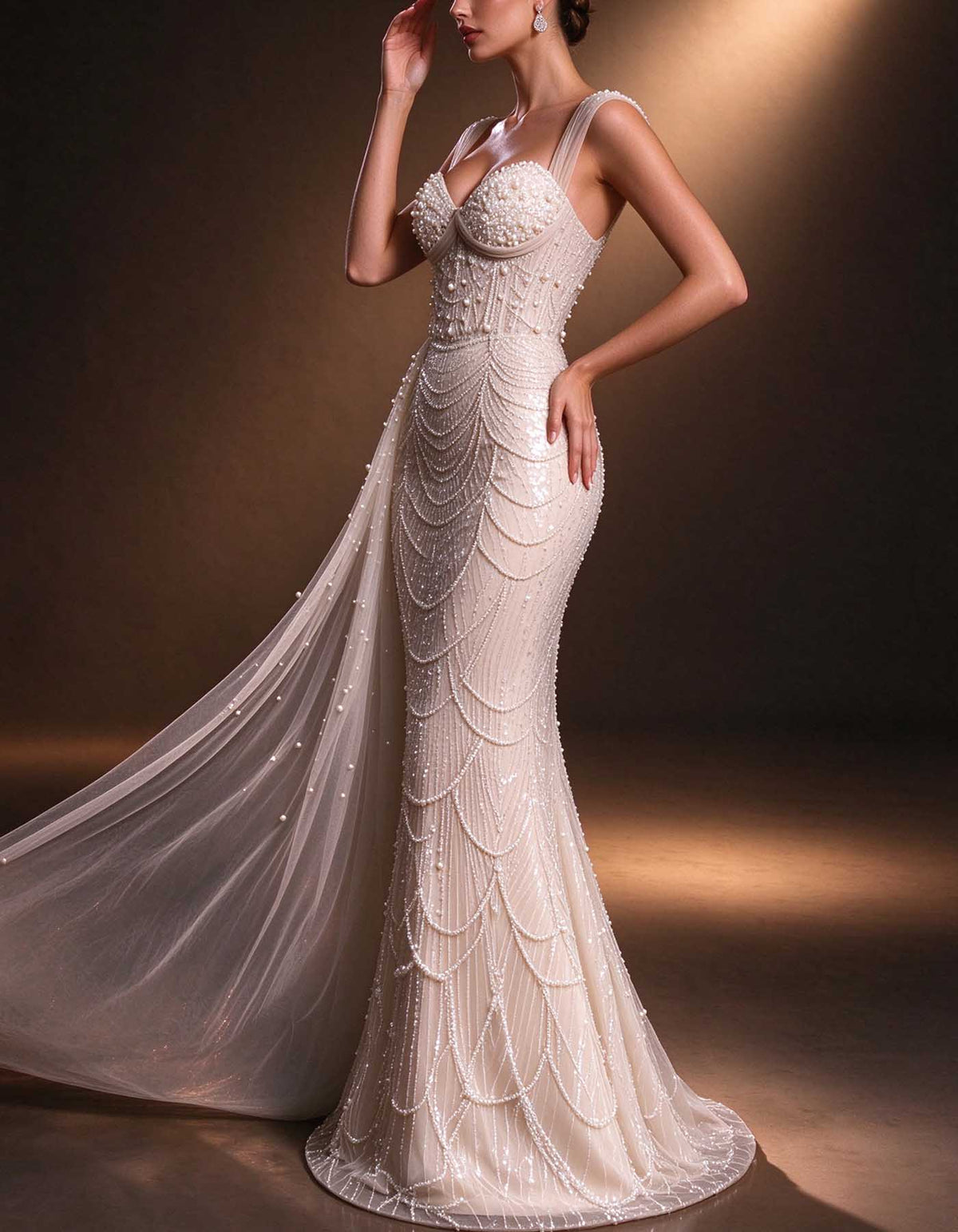 Robe de soirée ivoire, décolleté cœur, bretelles larges et perles épaisses
