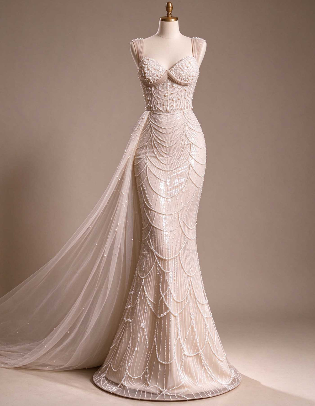 Robe de soirée ivoire, décolleté cœur, bretelles larges et perles épaisses