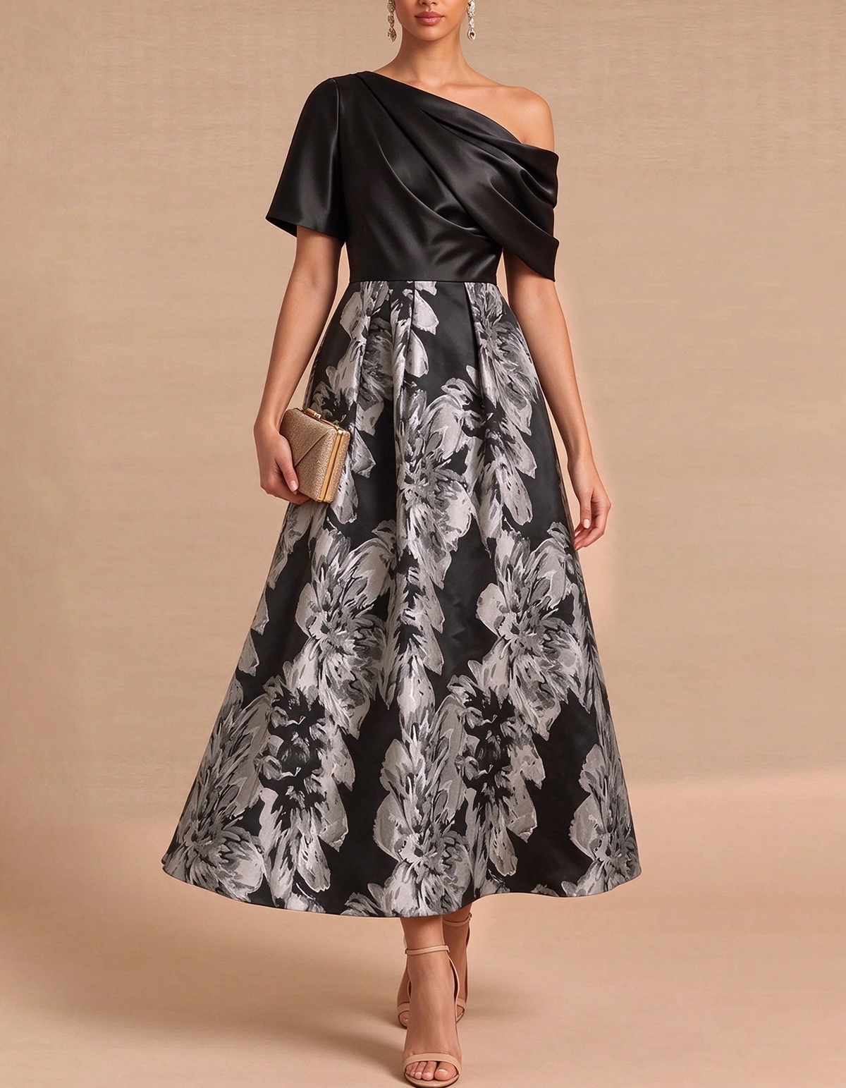 Rochie midi din satin jacquard floral, cu un umăr gol și drapaj
