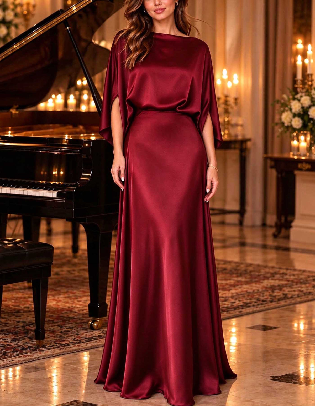 Vestido maxi de cetim em linha A, com decote barco e mangas morcego
