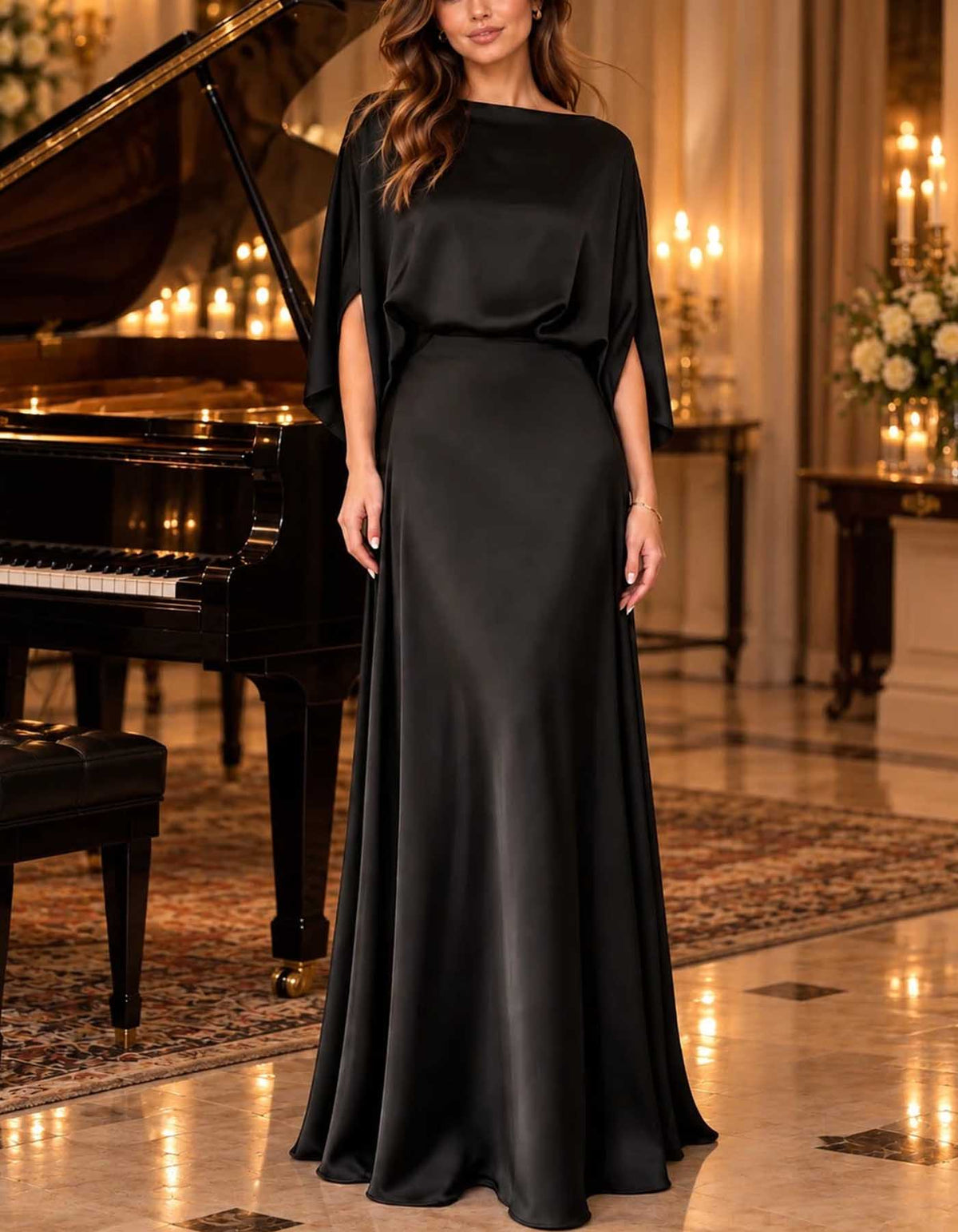 Vestido maxi de cetim em linha A, com decote barco e mangas morcego
