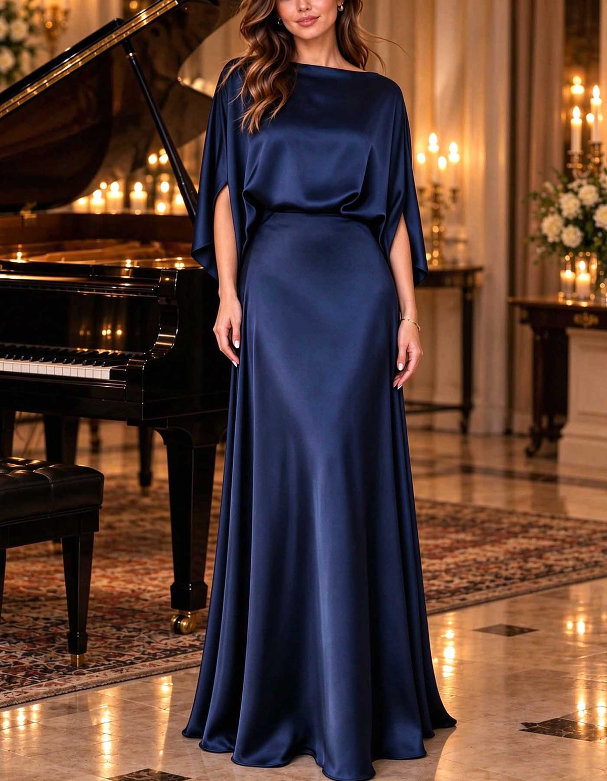 Vestido maxi de cetim em linha A, com decote barco e mangas morcego