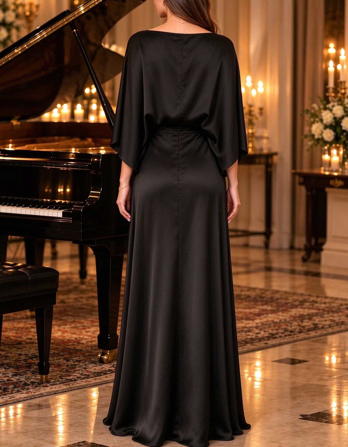 Vestido maxi de cetim em linha A, com decote barco e mangas morcego