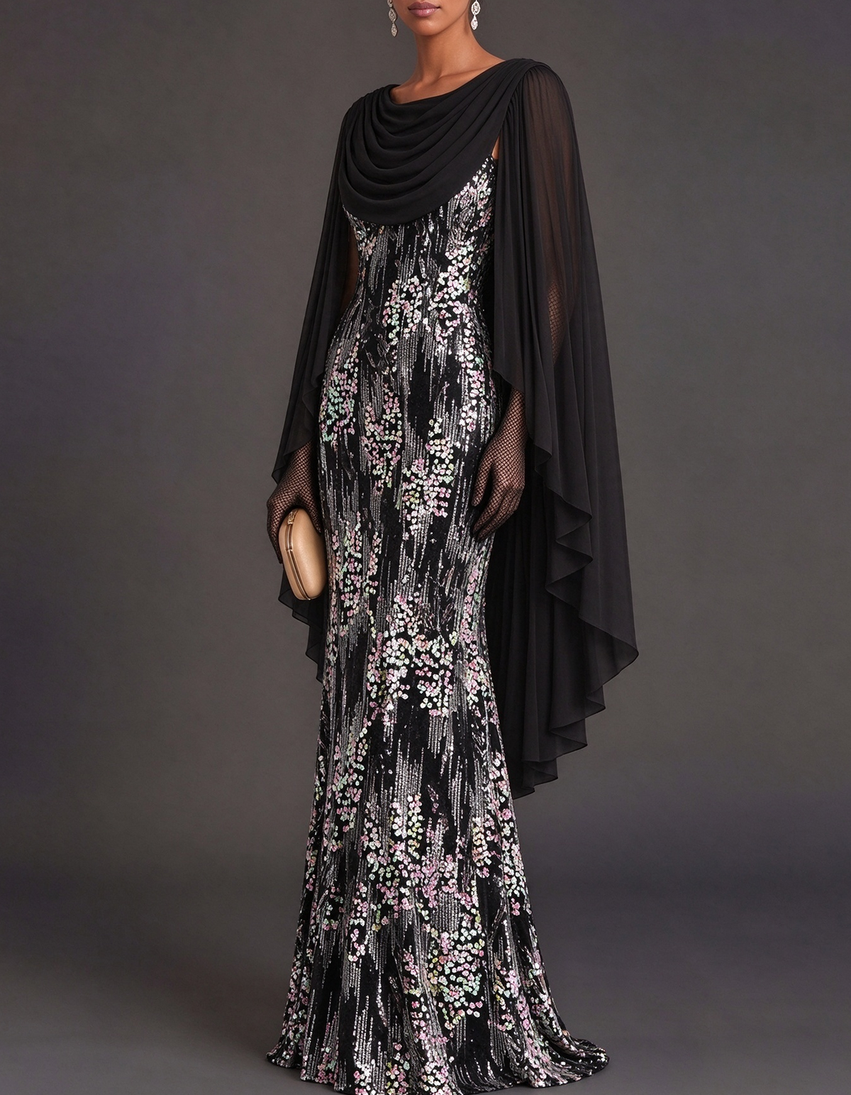 Abito lungo in chiffon drappeggiato con mantella e paillettes iridescenti