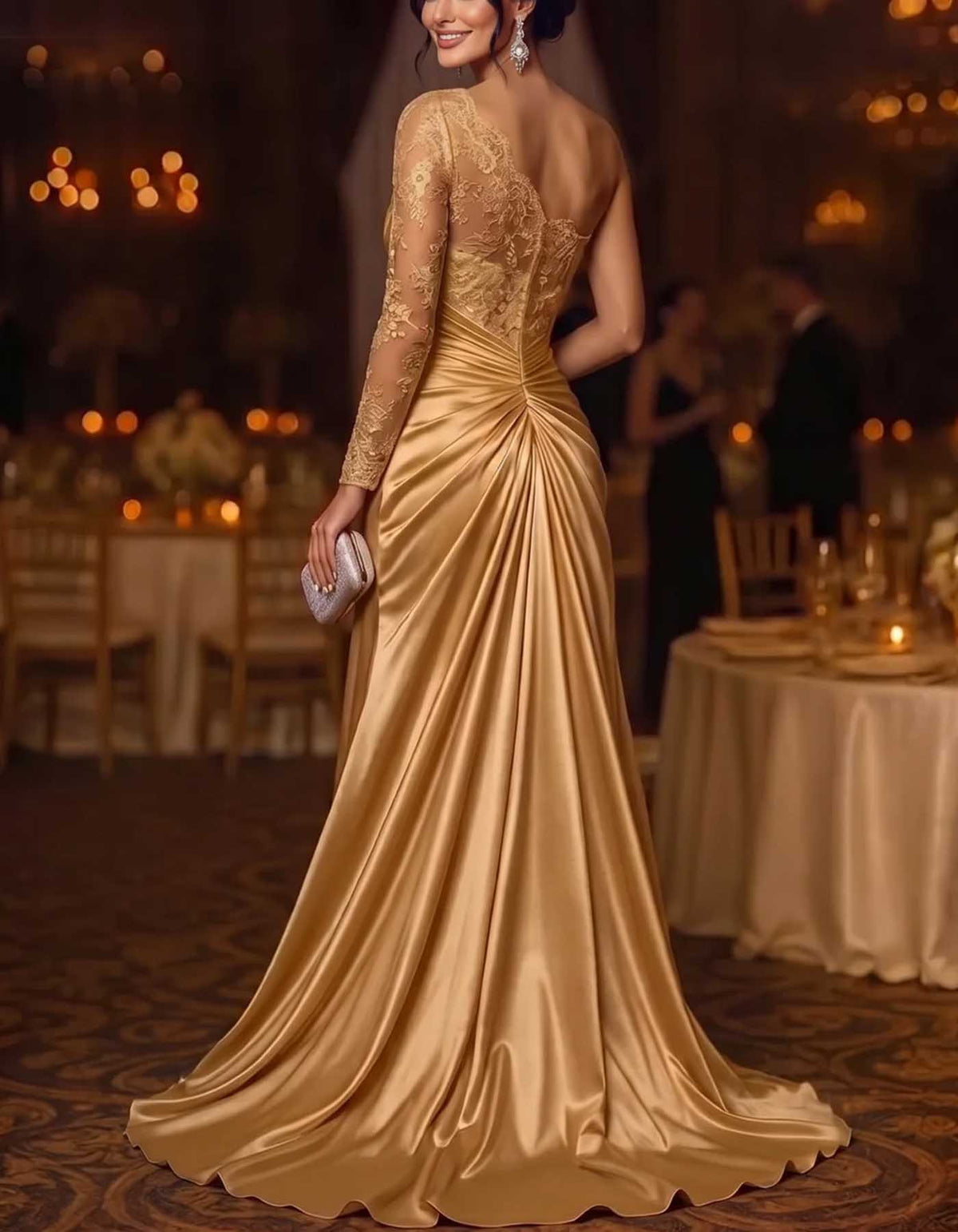 Rochie maxi din satin, cu un singur umăr, mânecă din dantelă și crăpătură