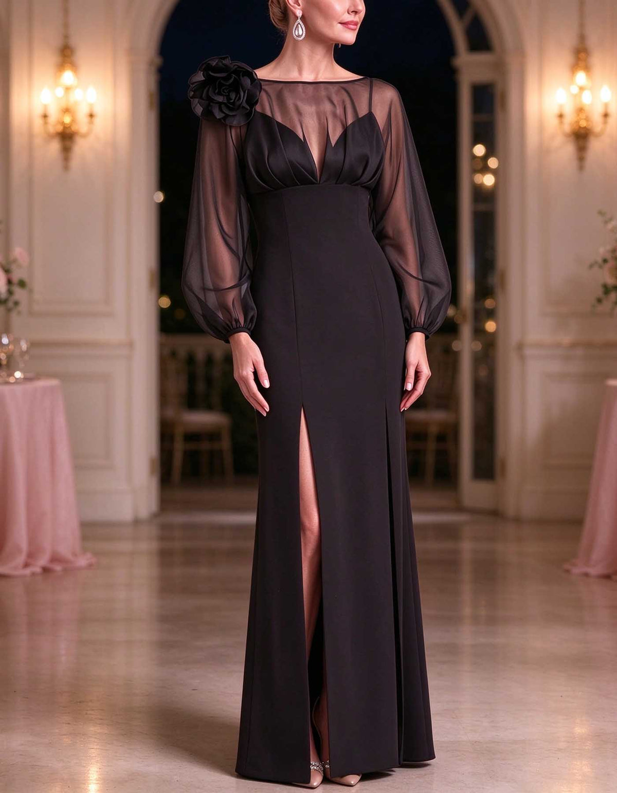 Robe longue noire fendue, en tulle transparent, à manches bouffantes et fleurs en 3D