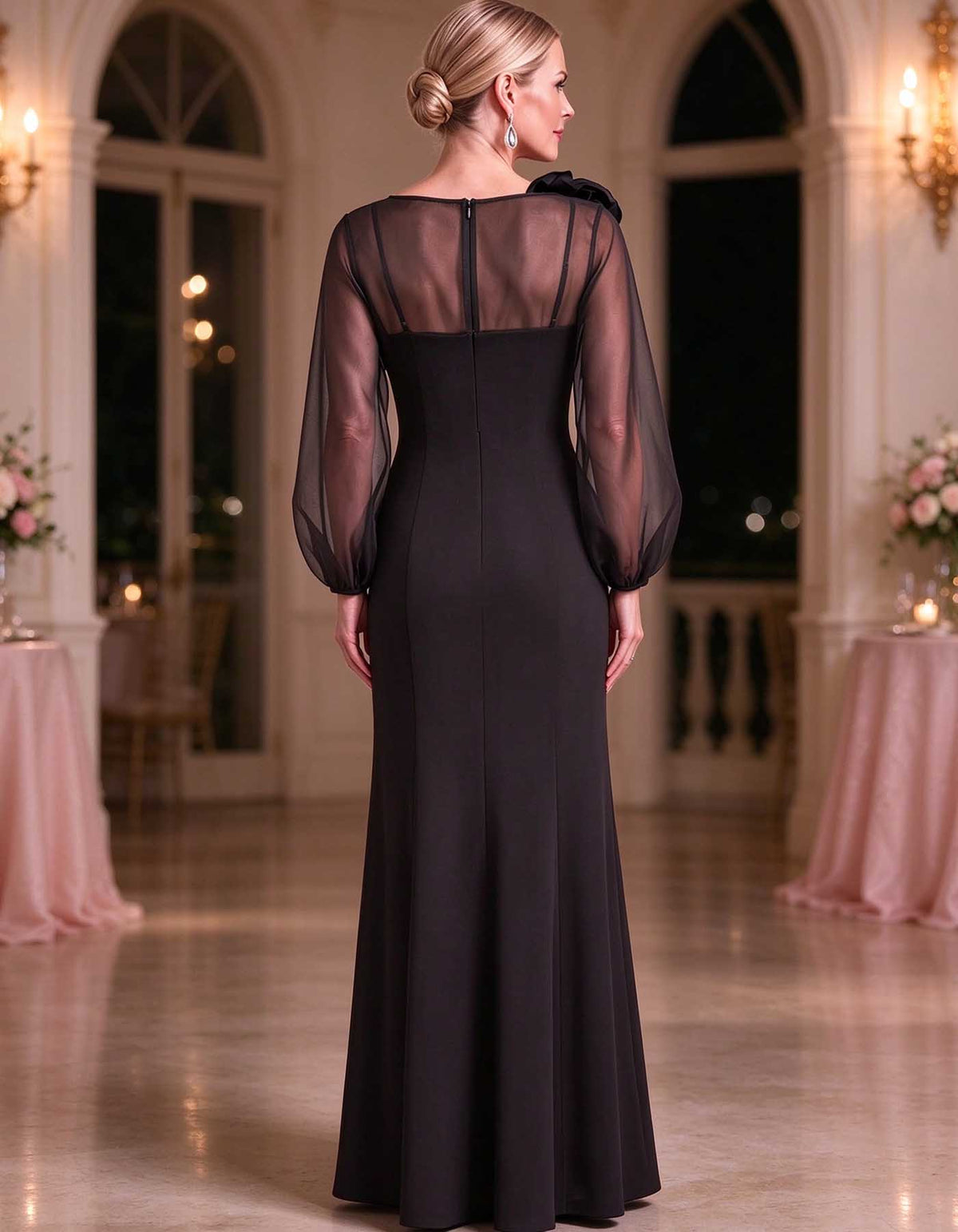 Robe longue noire fendue, en tulle transparent, à manches bouffantes et fleurs en 3D