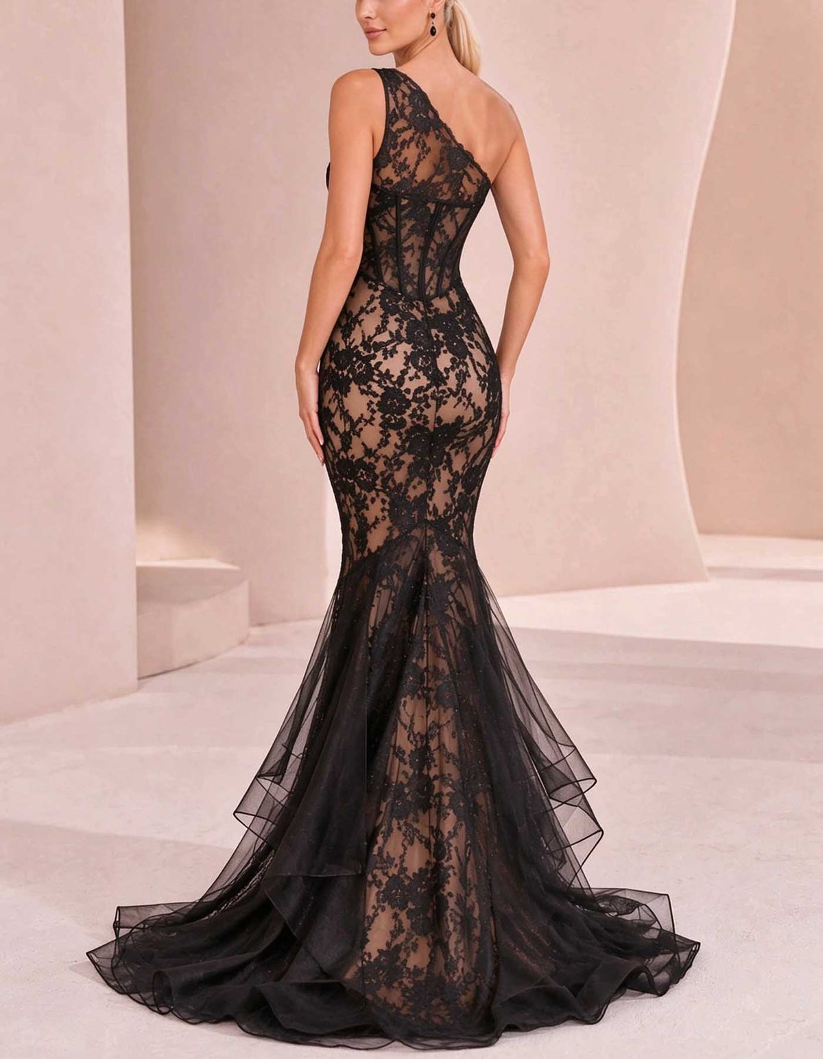 Robe longue noire asymétrique à une épaule, en dentelle florale transparente avec corset