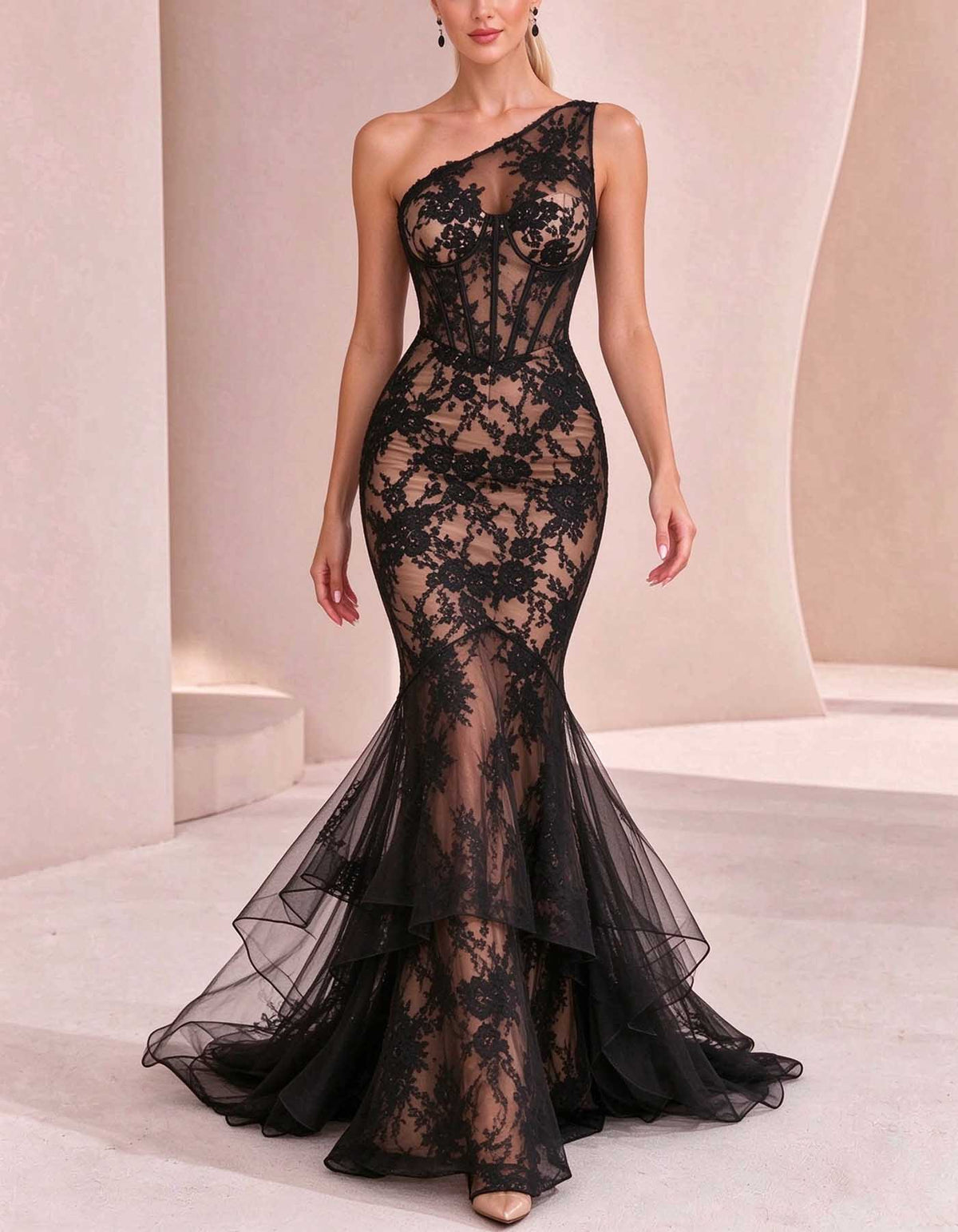 Robe longue noire asymétrique à une épaule, en dentelle florale transparente avec corset