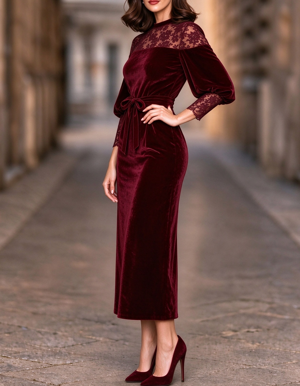 Vestido midi de encaje floral de terciopelo con mangas farol