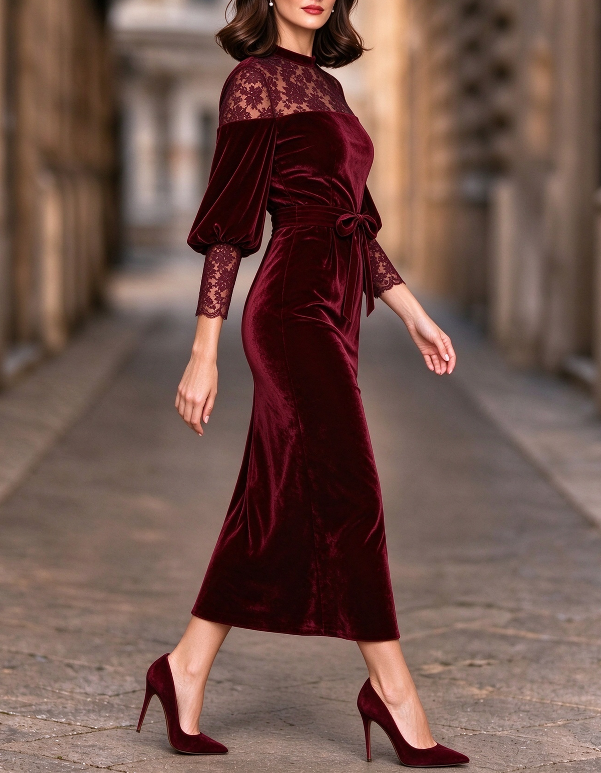 Vestido midi de encaje floral de terciopelo con mangas farol
