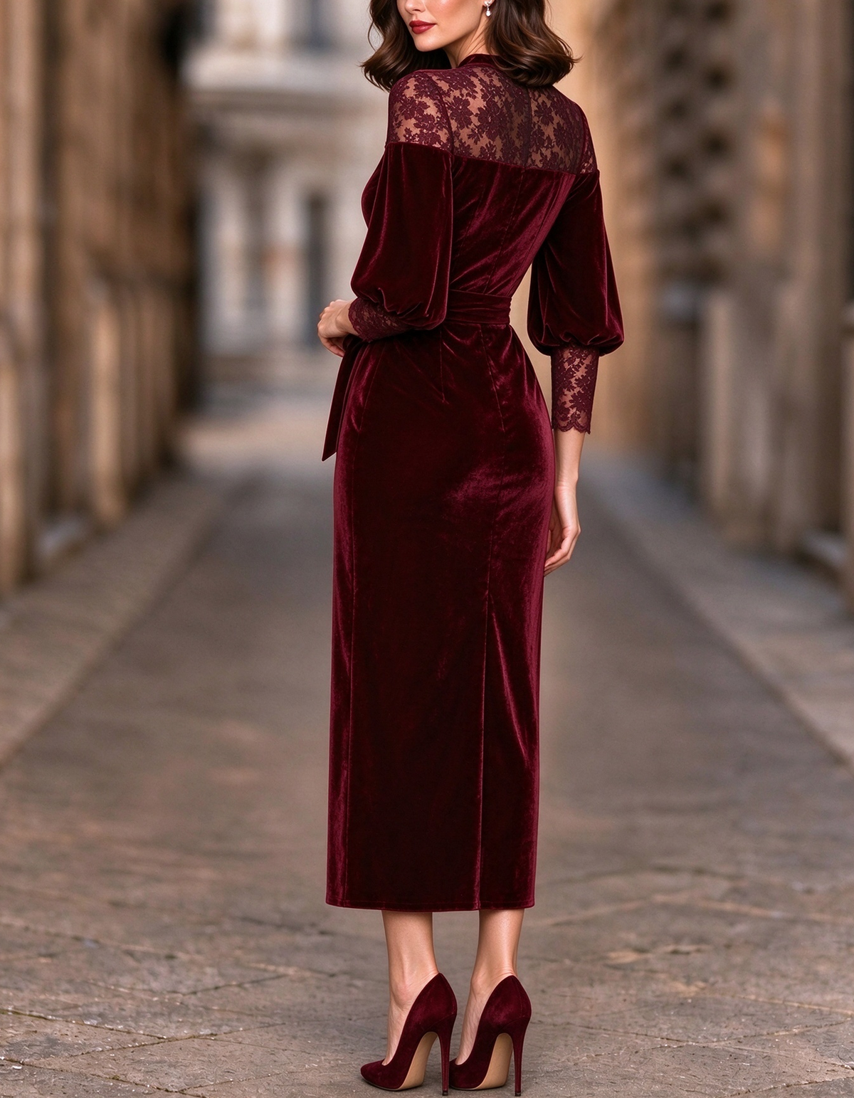 Vestido midi de encaje floral de terciopelo con mangas farol