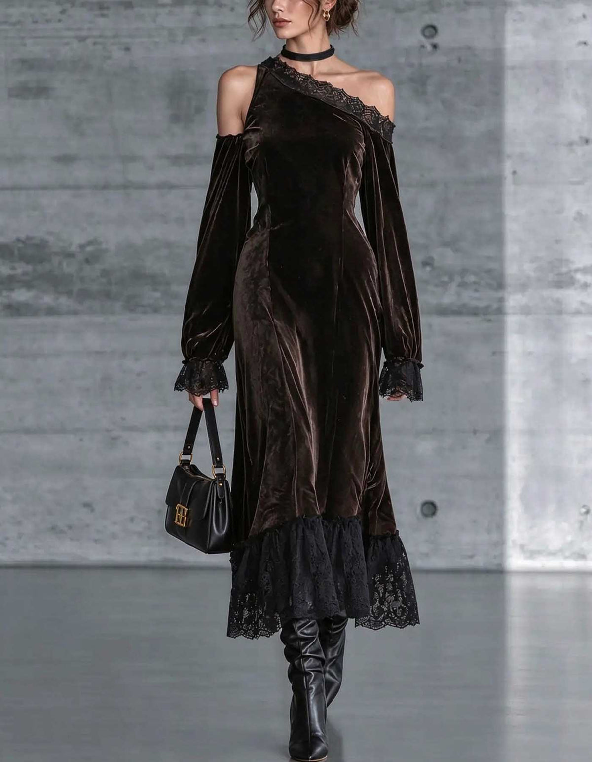 Brown Asymmetrical Cold Shoulder Velvet Lace Trim Midi Dress