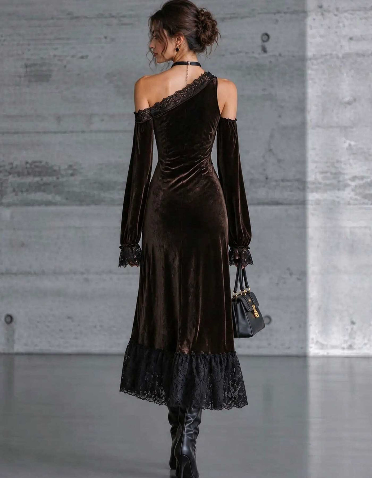 Brown Asymmetrical Cold Shoulder Velvet Lace Trim Midi Dress