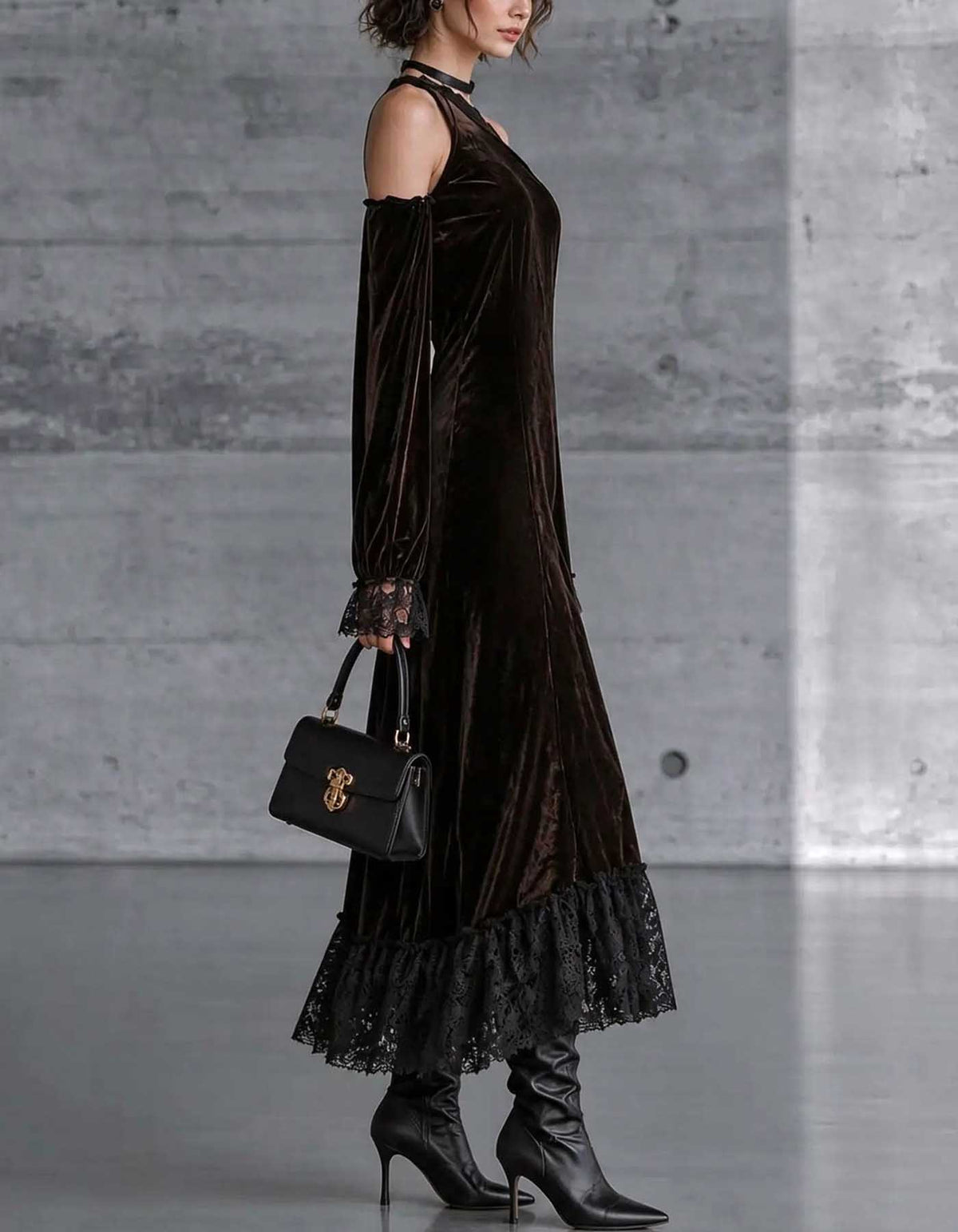 Brown Asymmetrical Cold Shoulder Velvet Lace Trim Midi Dress