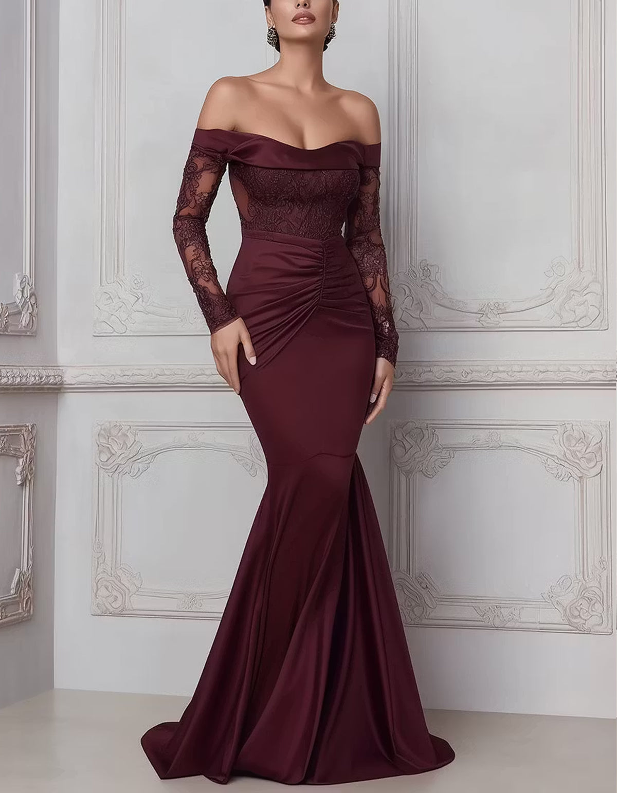Vestido largo estilo sirena de encaje y satén burdeos