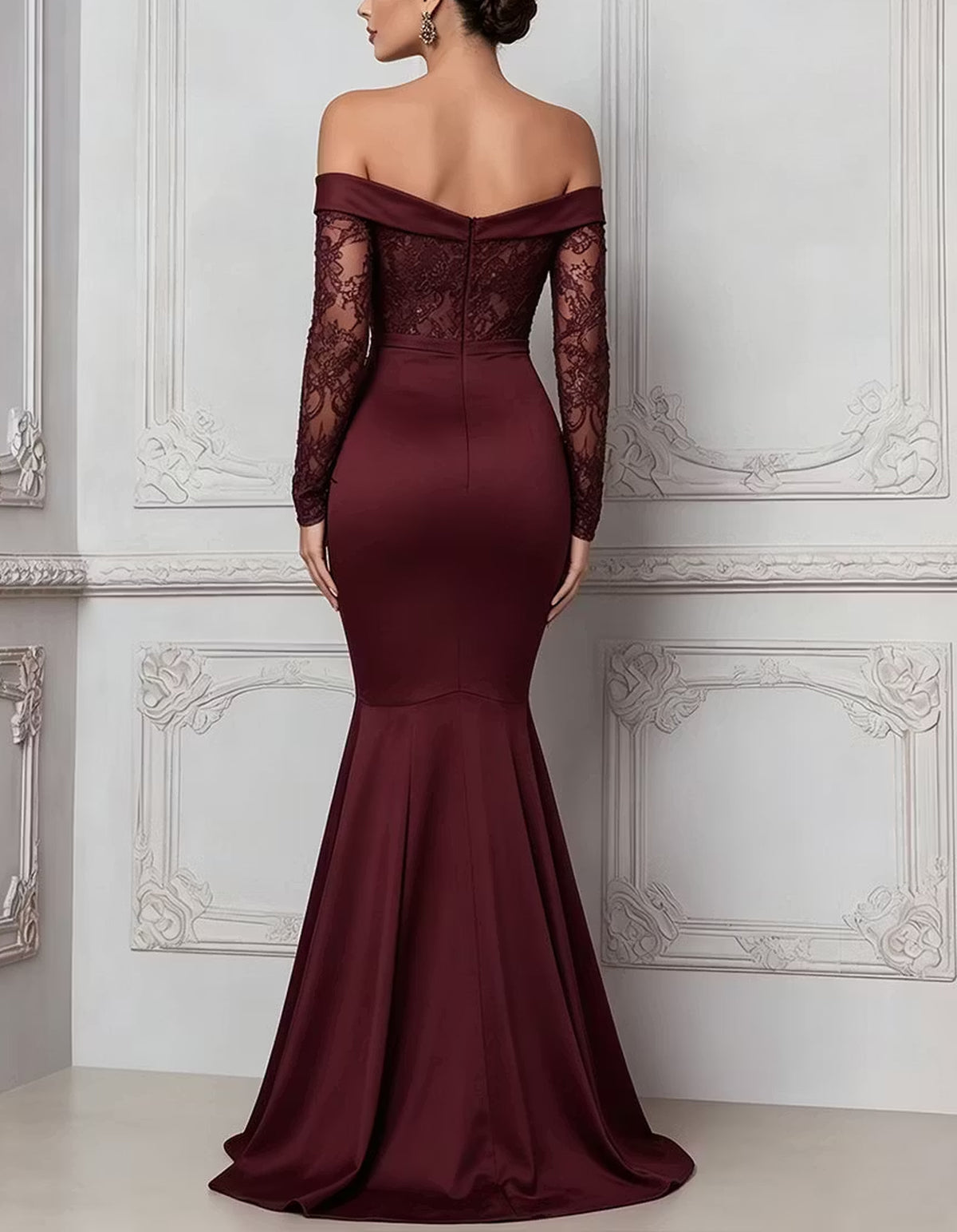 Vestido largo estilo sirena de encaje y satén burdeos