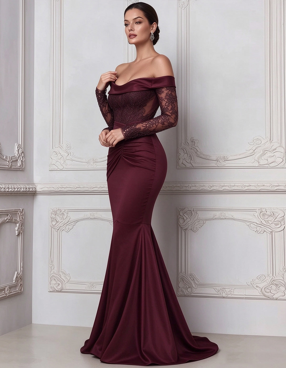 Vestido largo estilo sirena de encaje y satén burdeos
